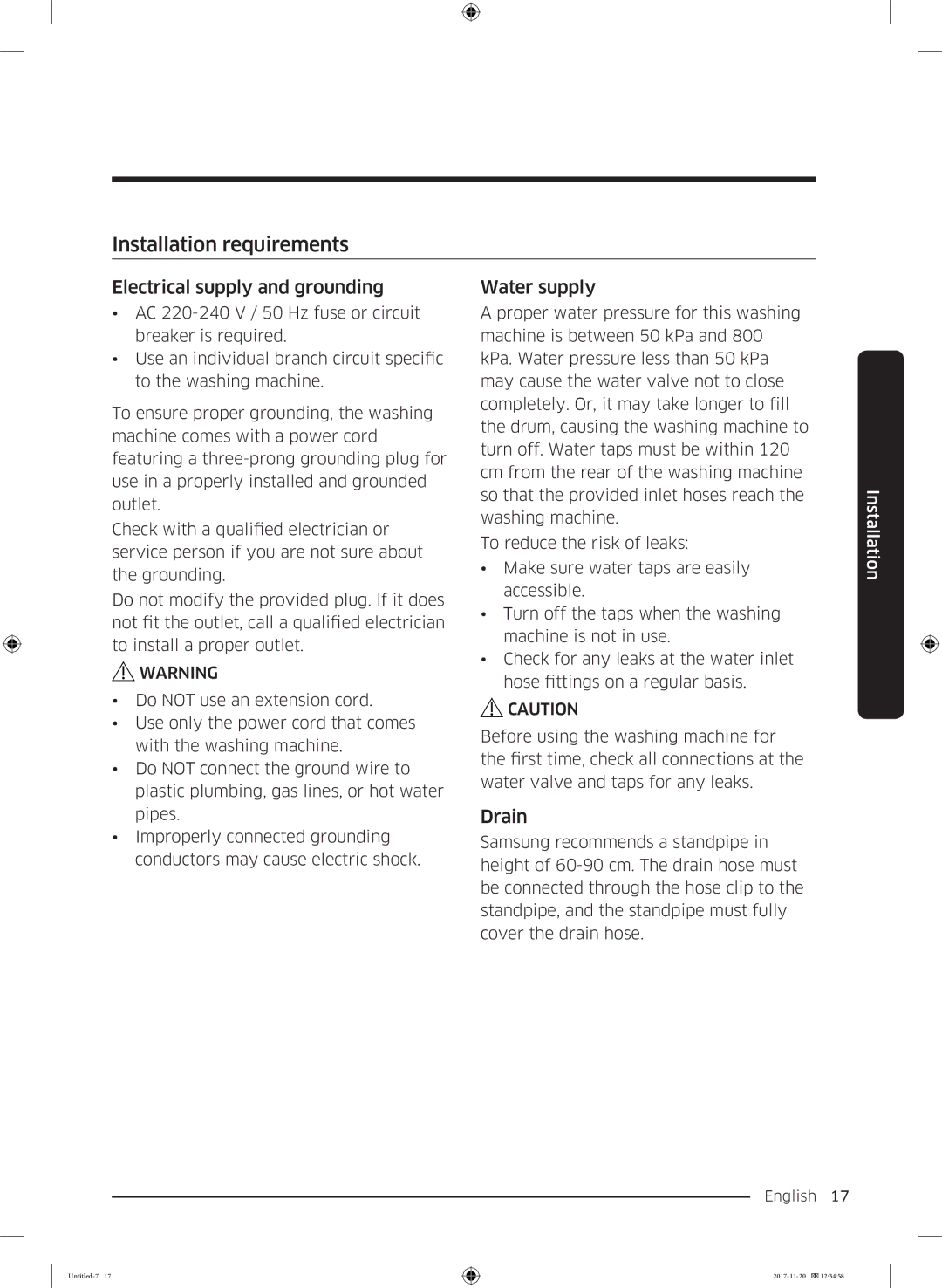 Samsung WW12K8402OW/EE manual Installation requirements, Electrical supply and grounding, Water supply, Drain 