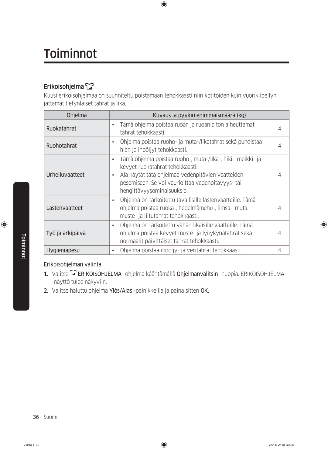 Samsung WW12K8402OW/EE manual Erikoisohjelma 