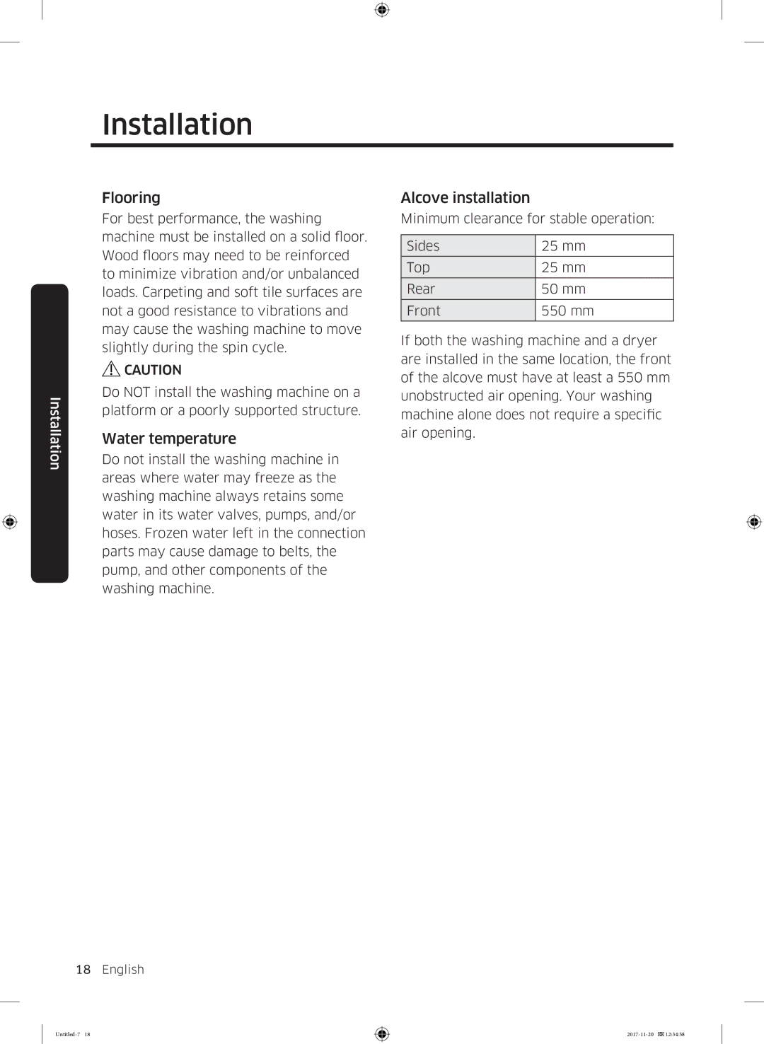 Samsung WW12K8402OW/EE manual Flooring, Water temperature, Alcove installation 