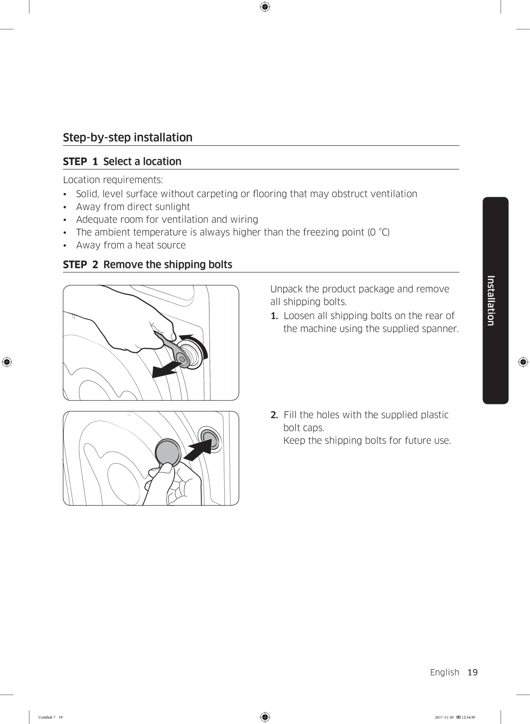 Samsung WW12K8402OW/EE manual Step-by-step installation, Select a location, Remove the shipping bolts 