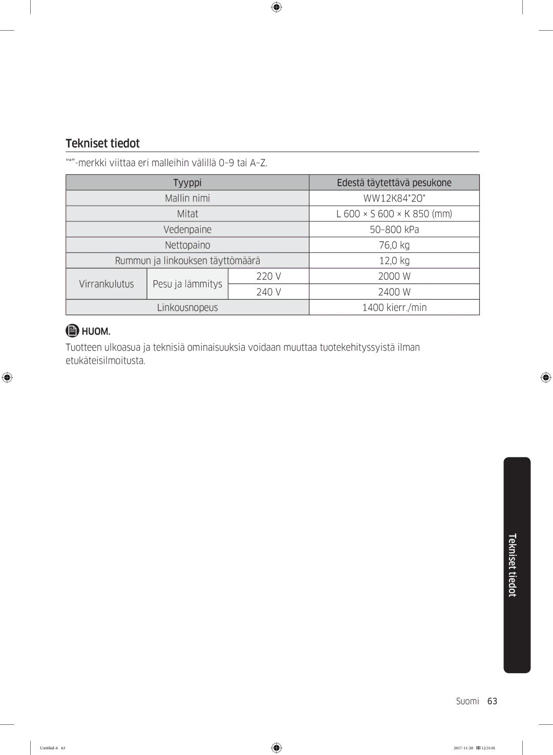 Samsung WW12K8402OW/EE manual Tekniset tiedot, Huom 