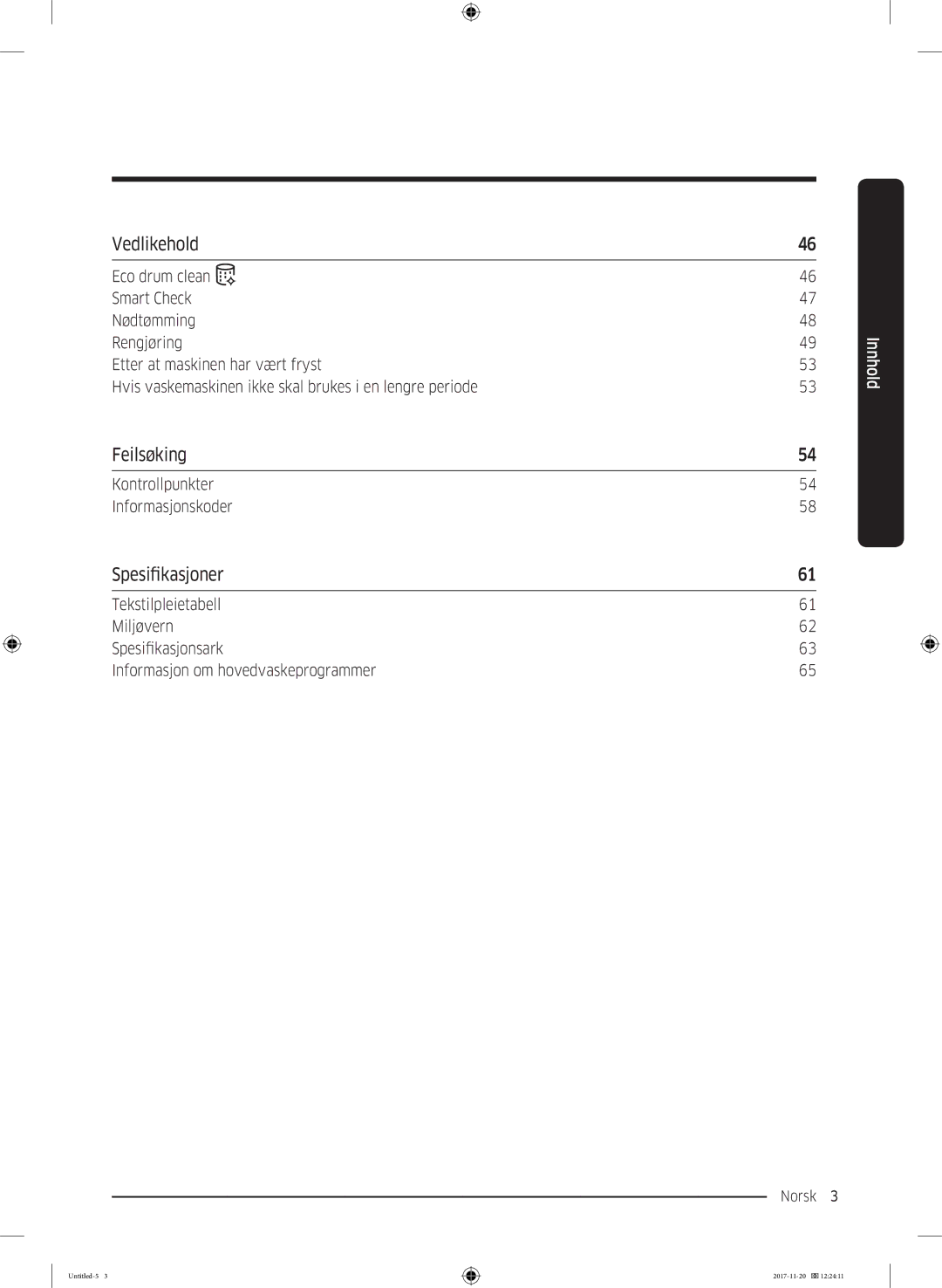 Samsung WW12K8402OW/EE manual Vedlikehold, Feilsøking, Spesifikasjoner 