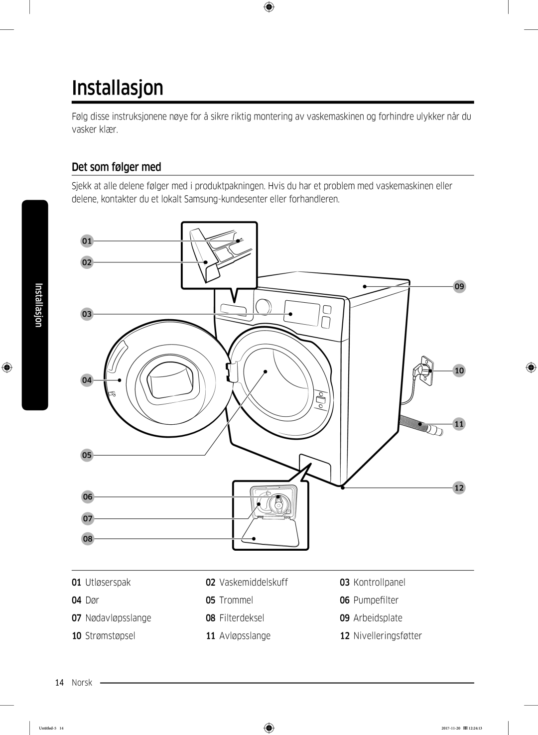 Samsung WW12K8402OW/EE manual Installasjon, Det som følger med 