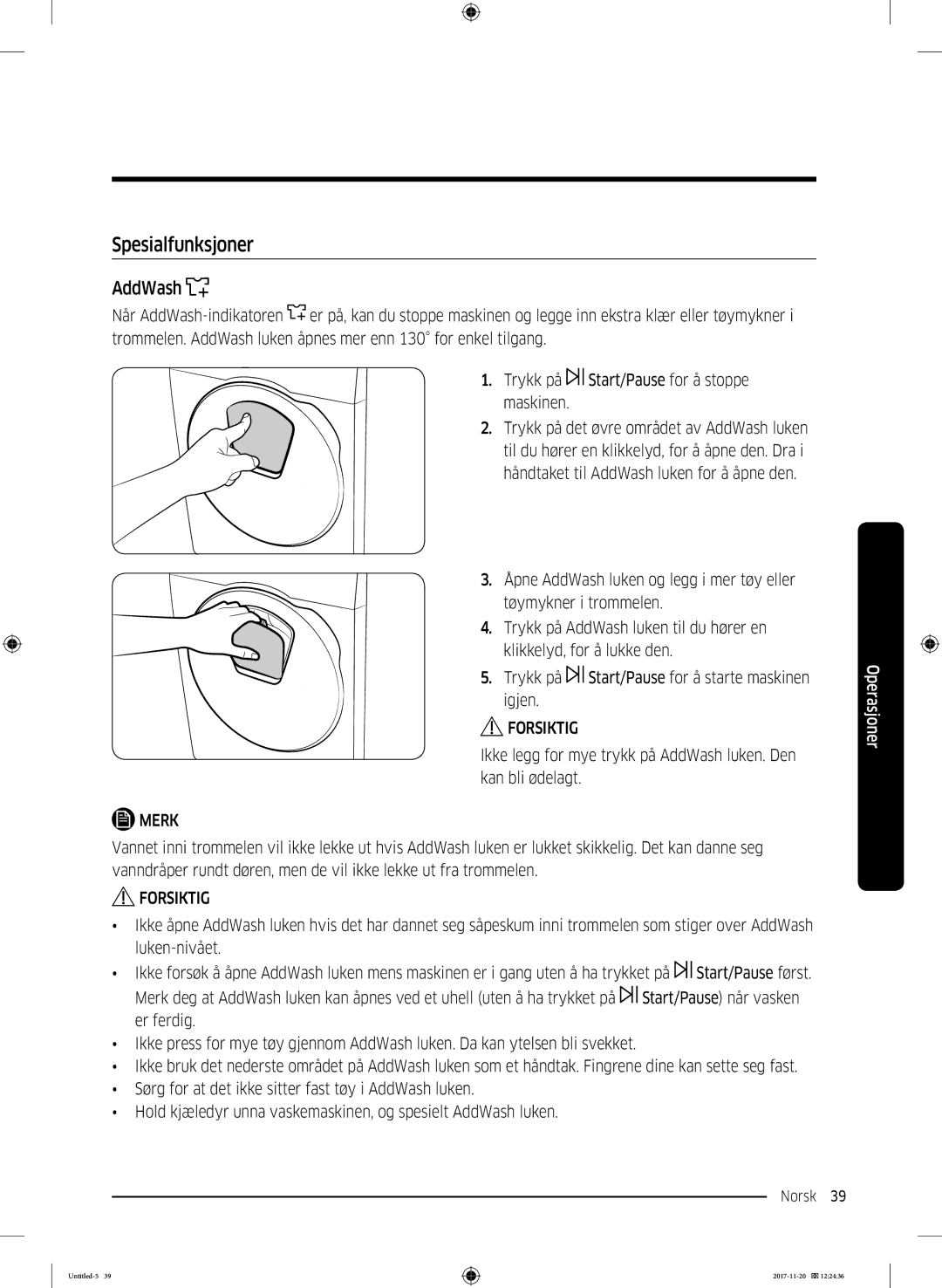 Samsung WW12K8402OW/EE manual Spesialfunksjoner, AddWash 