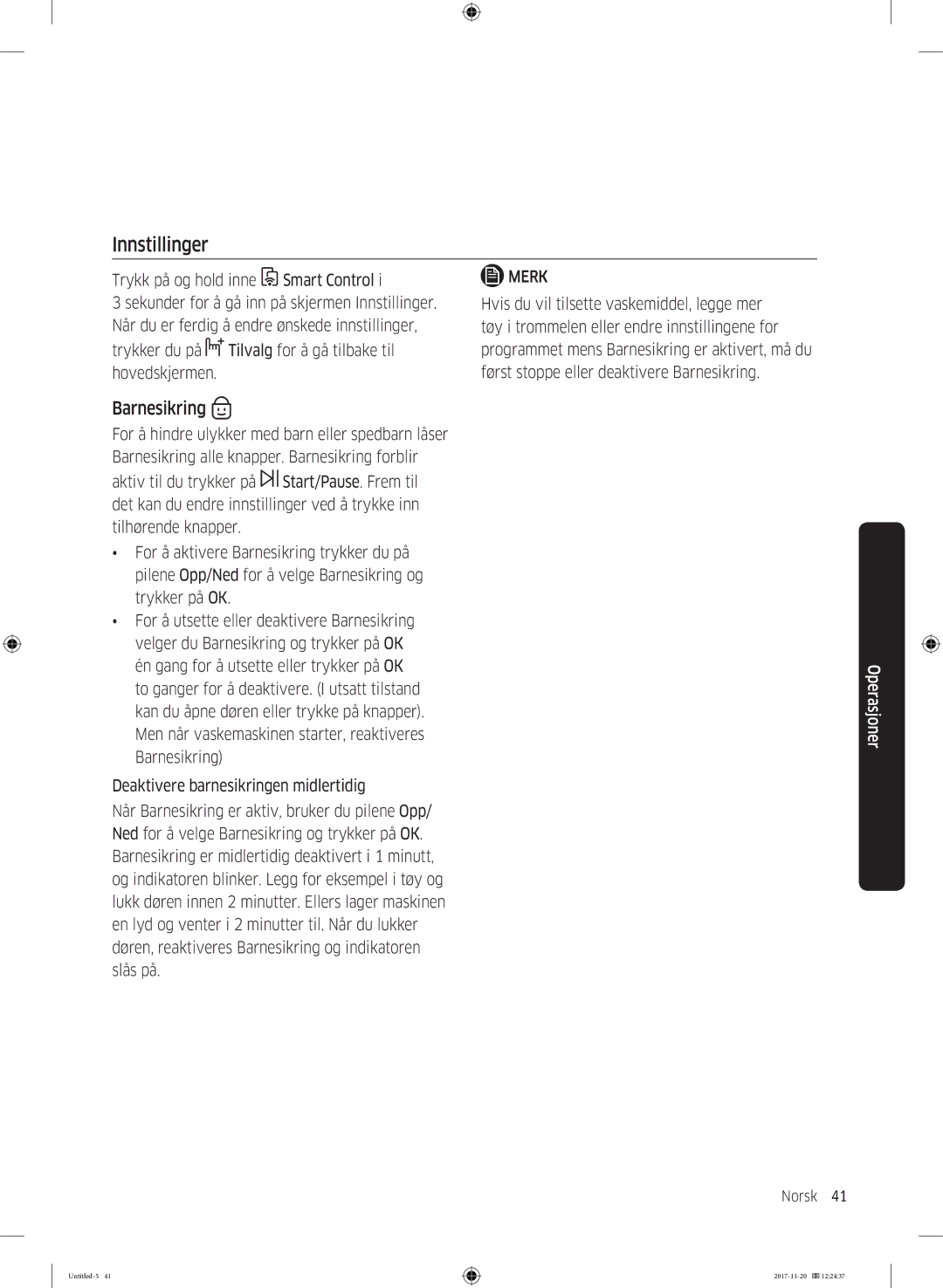 Samsung WW12K8402OW/EE manual Innstillinger, Barnesikring 