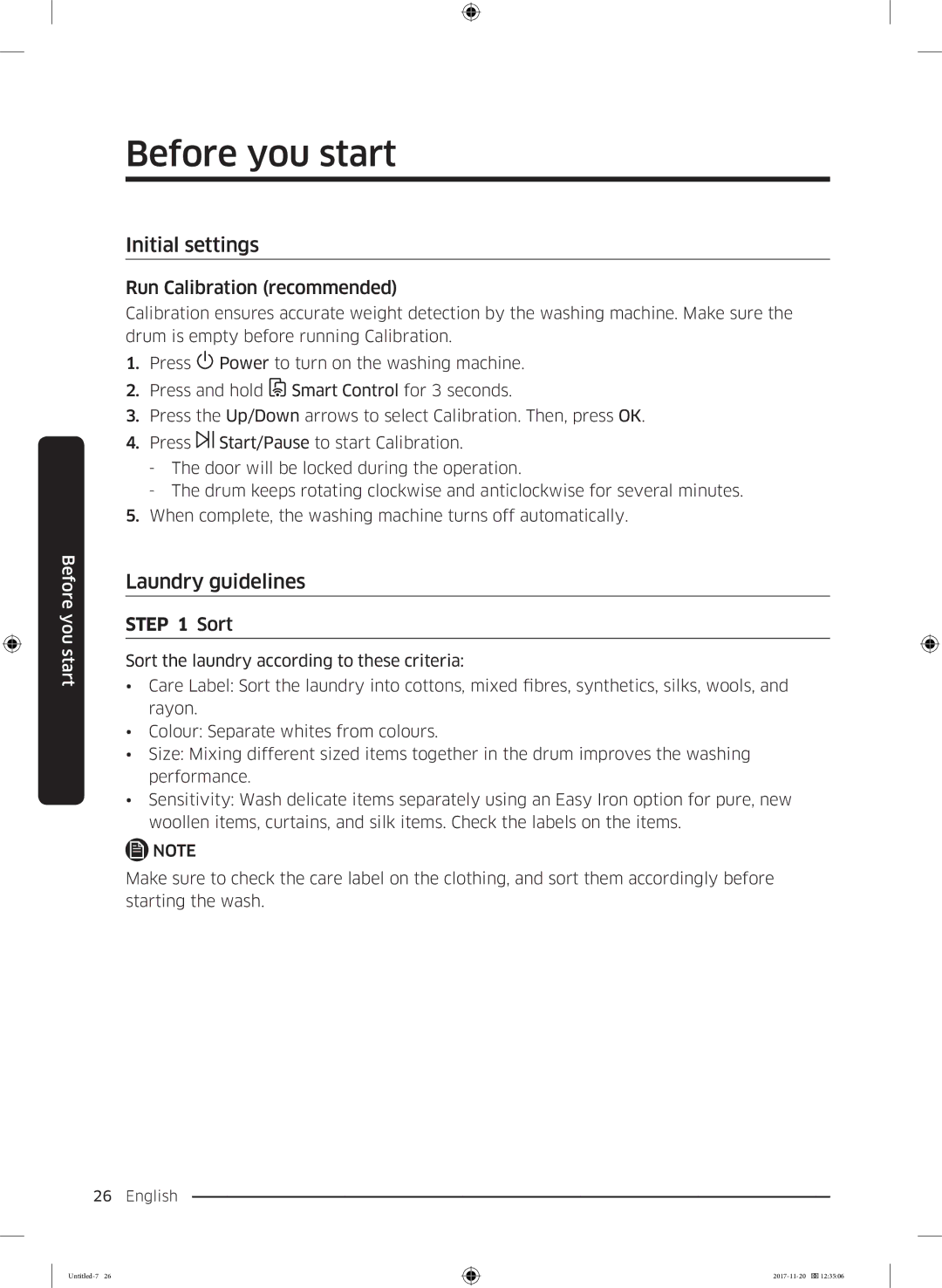 Samsung WW12K8402OW/EE manual Before you start, Initial settings, Laundry guidelines, Run Calibration recommended 