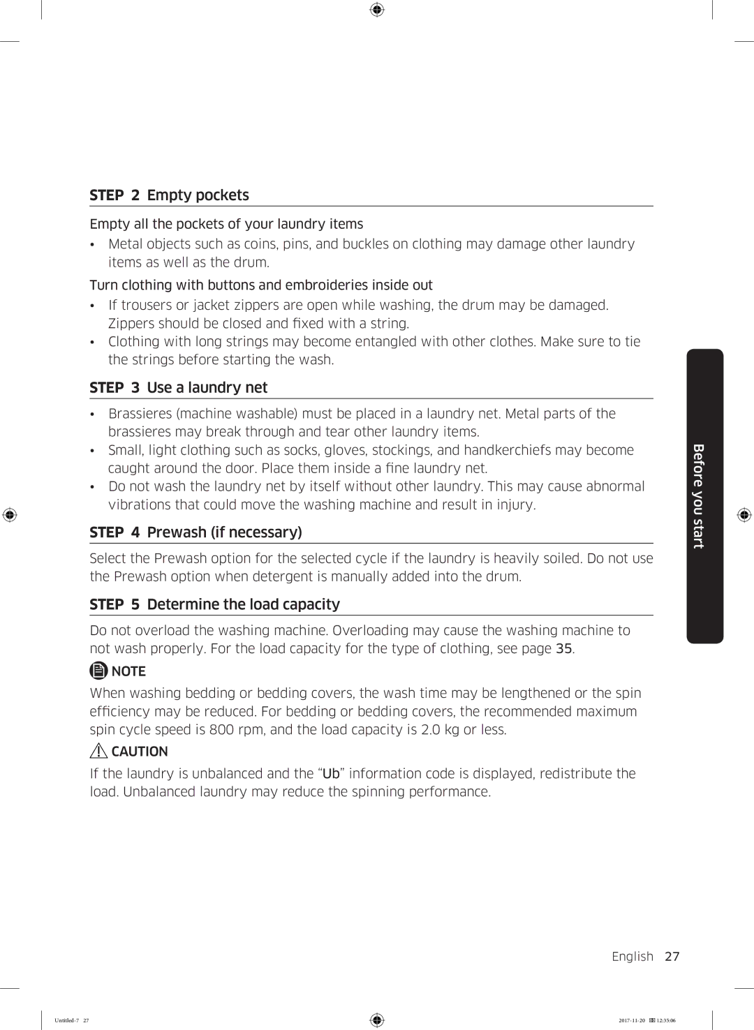 Samsung WW12K8402OW/EE manual Empty pockets, Use a laundry net, Prewash if necessary, Determine the load capacity 