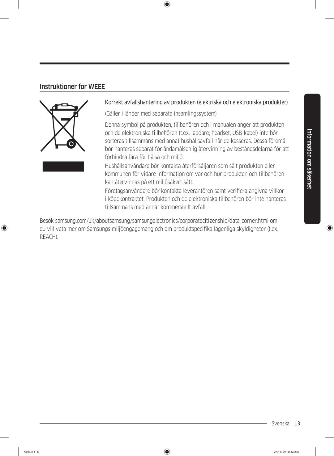 Samsung WW12K8402OW/EE manual Instruktioner för Weee 