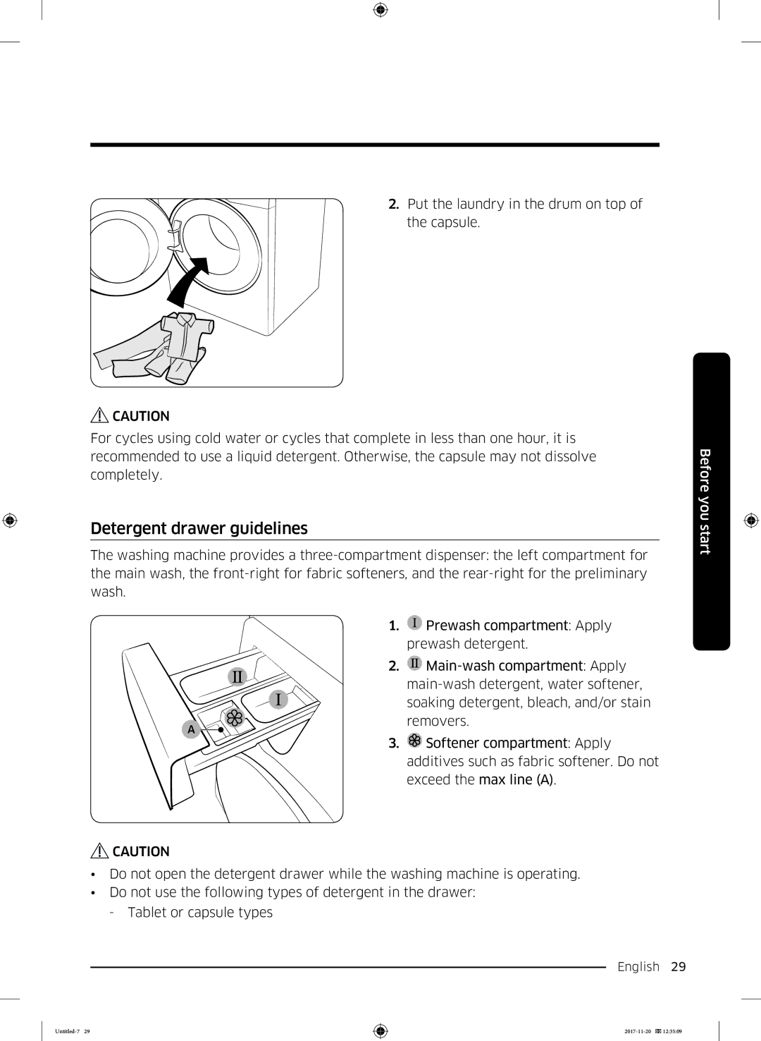 Samsung WW12K8402OW/EE manual Detergent drawer guidelines 