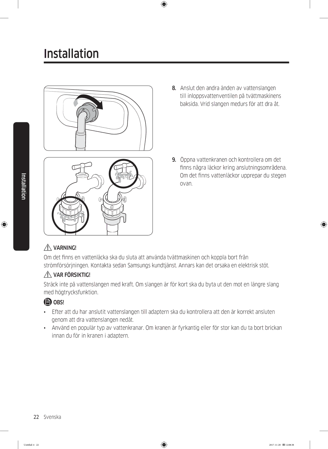 Samsung WW12K8402OW/EE manual Varning, Obs 