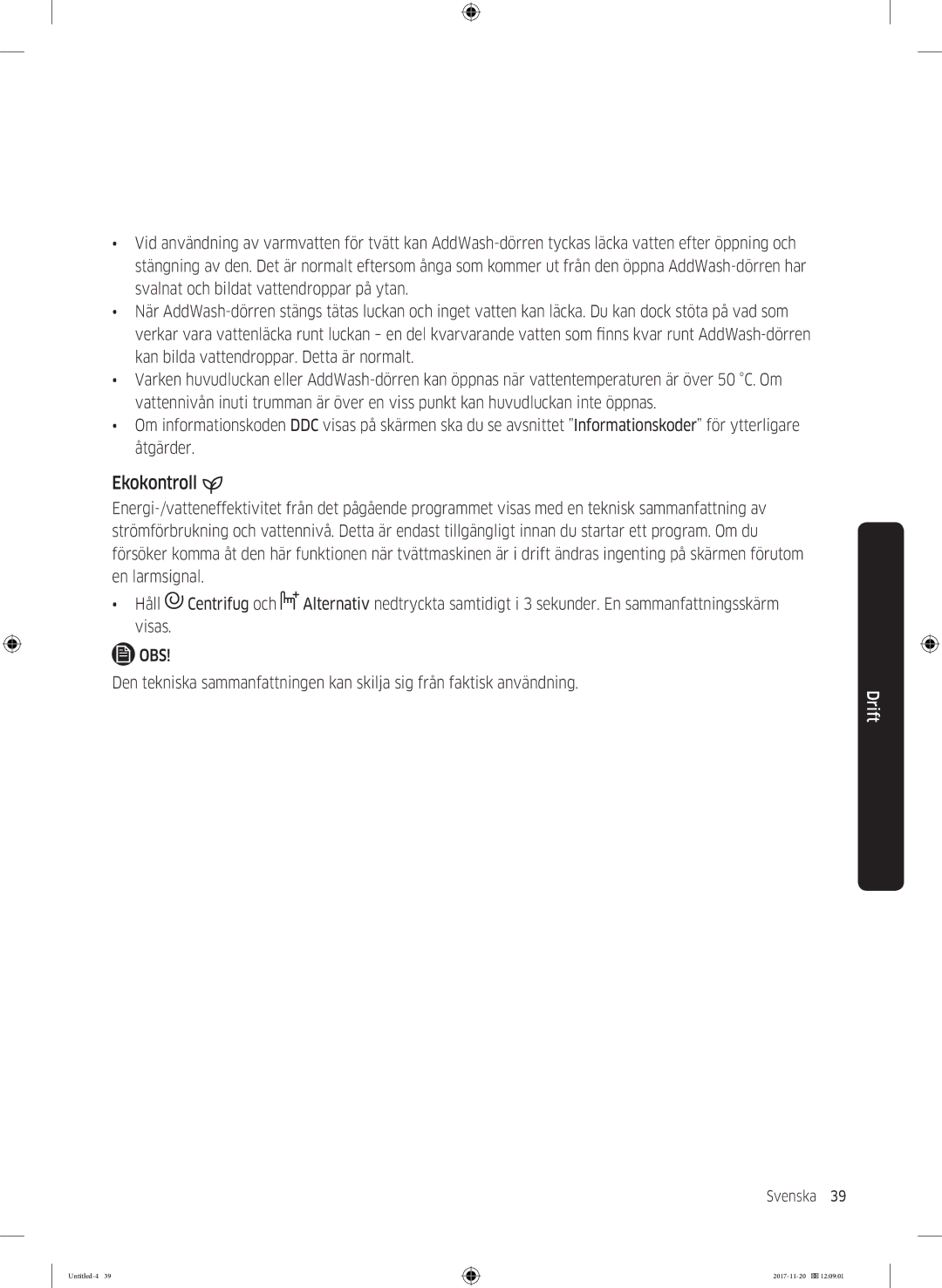 Samsung WW12K8402OW/EE manual Ekokontroll, Obs 