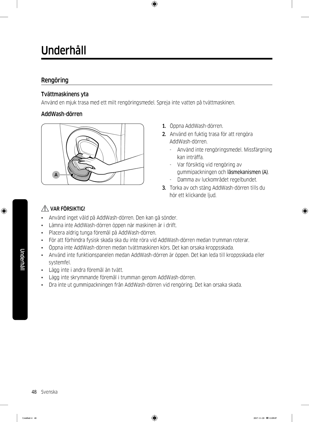 Samsung WW12K8402OW/EE manual Rengöring, Tvättmaskinens yta, AddWash-dörren 