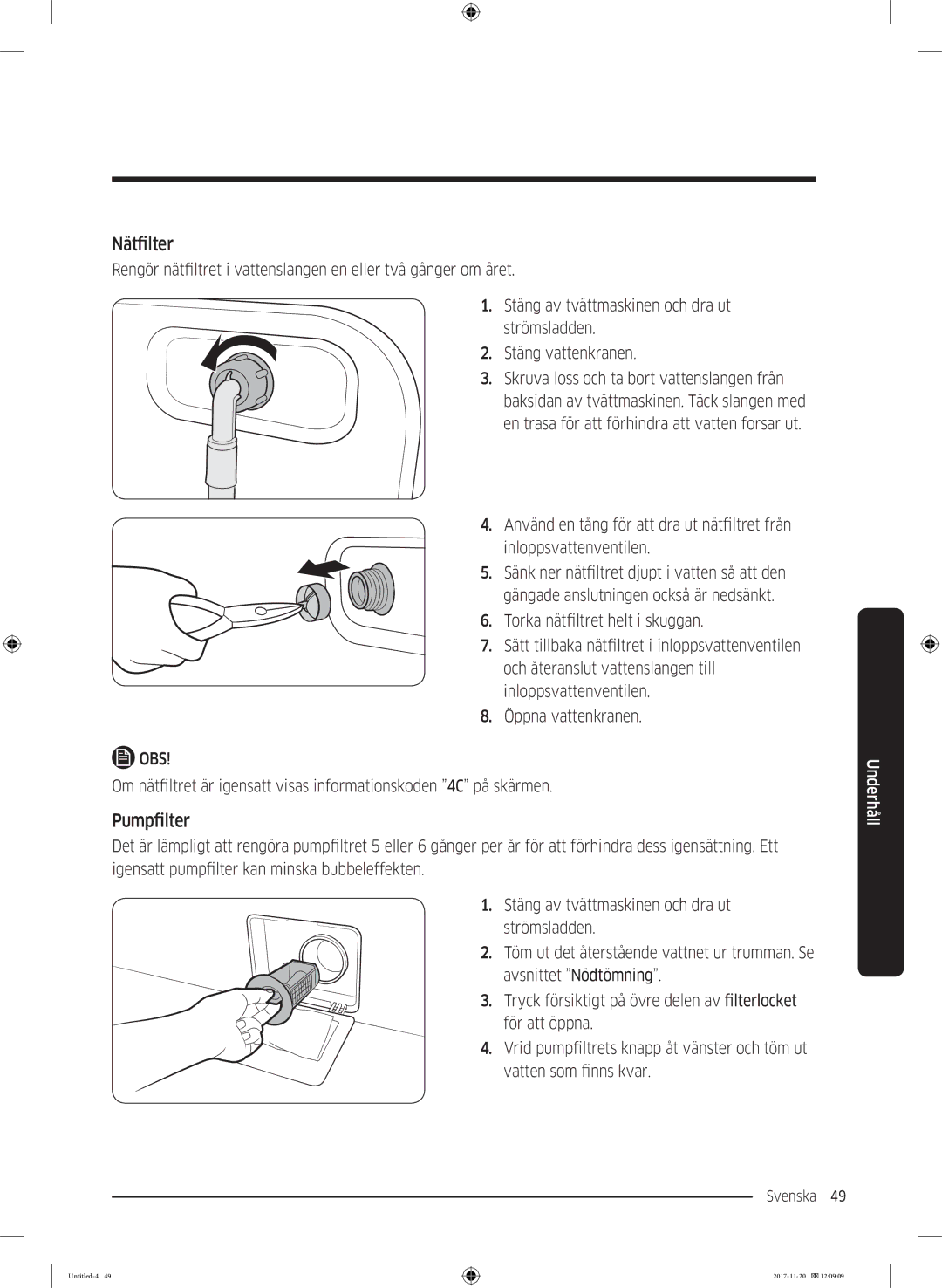 Samsung WW12K8402OW/EE manual Nätfilter, Pumpfilter 