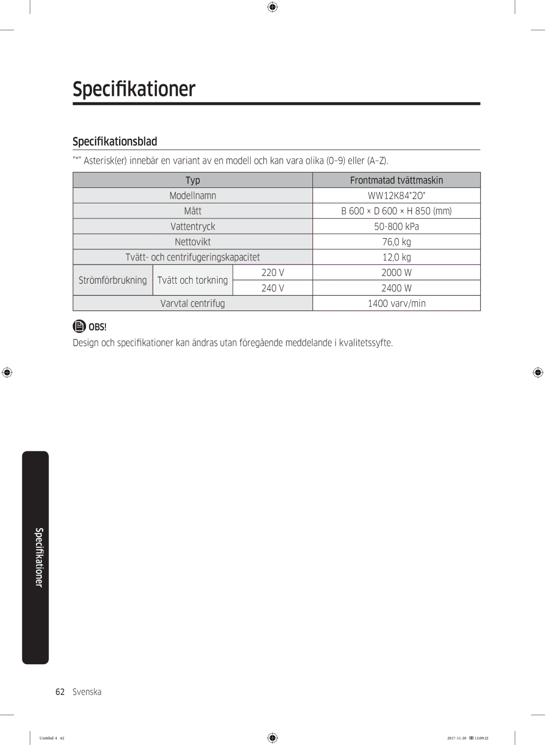 Samsung WW12K8402OW/EE manual Specifikationsblad, Obs 