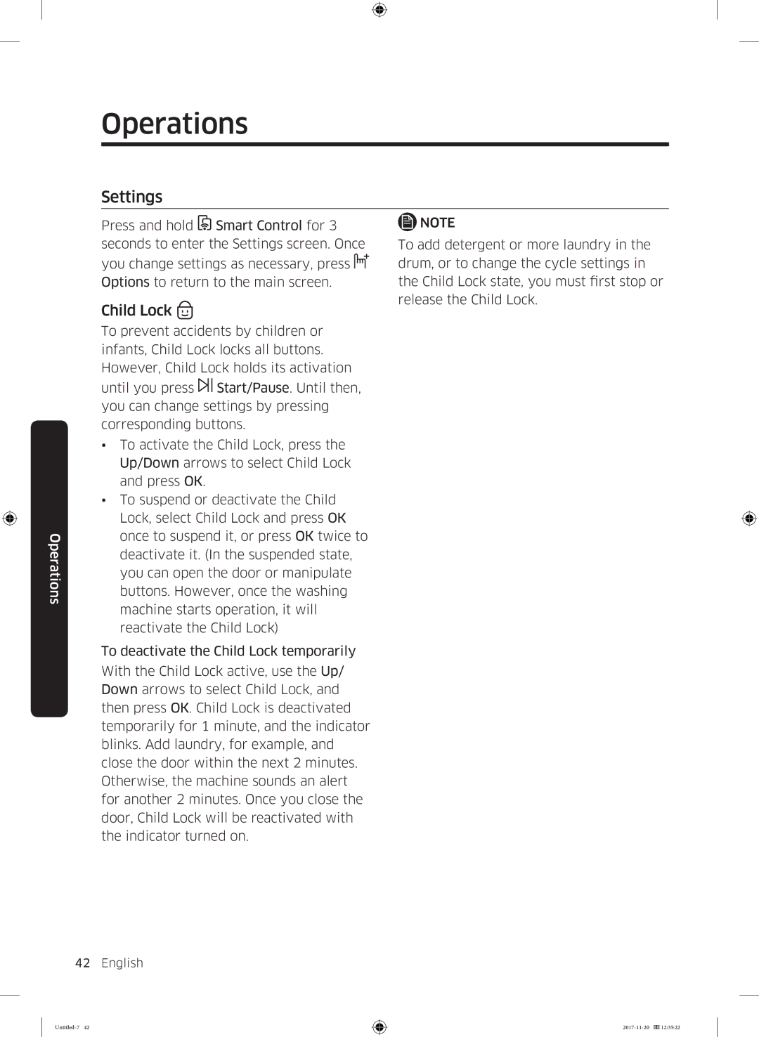 Samsung WW12K8402OW/EE manual Settings, Child Lock 