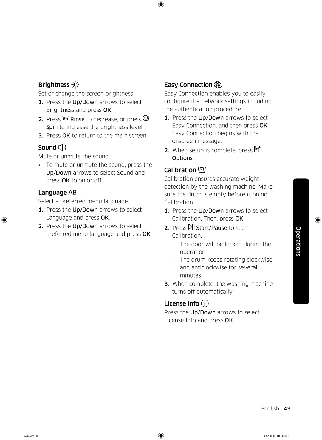 Samsung WW12K8402OW/EE manual Brightness, Sound, Language, Easy Connection, Calibration, License Info 