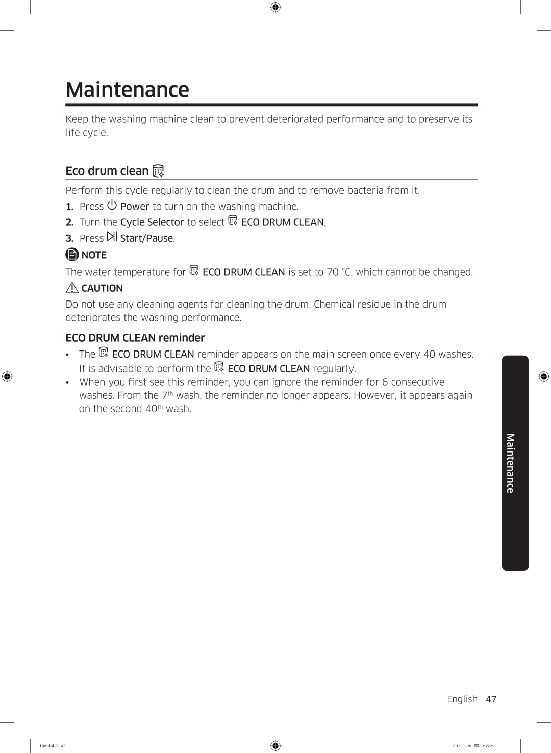 Samsung WW12K8402OW/EE manual Maintenance, Eco drum clean, ECO Drum Clean reminder 