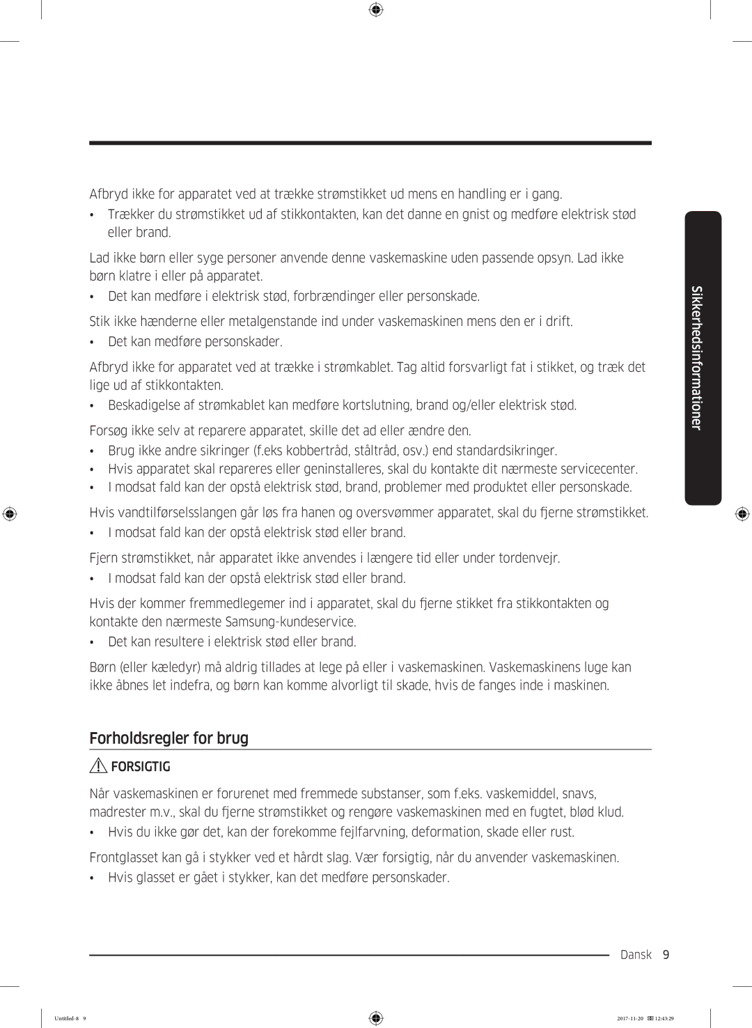 Samsung WW12K8402OW/EE manual Forholdsregler for brug 