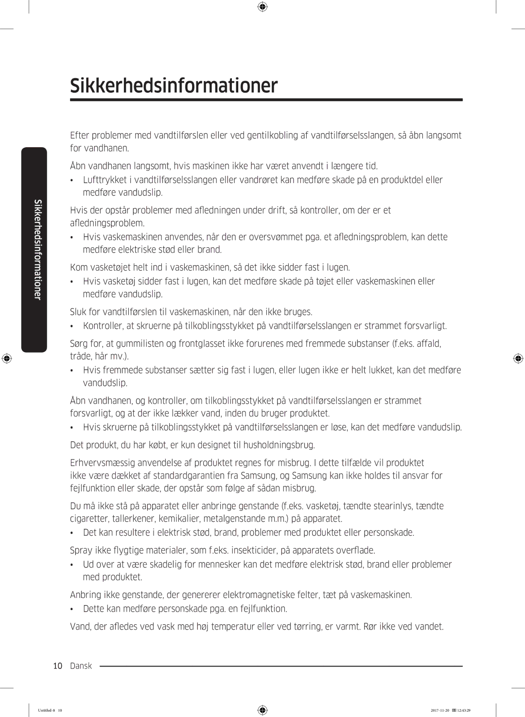 Samsung WW12K8402OW/EE manual Sikkerhedsinformationer 