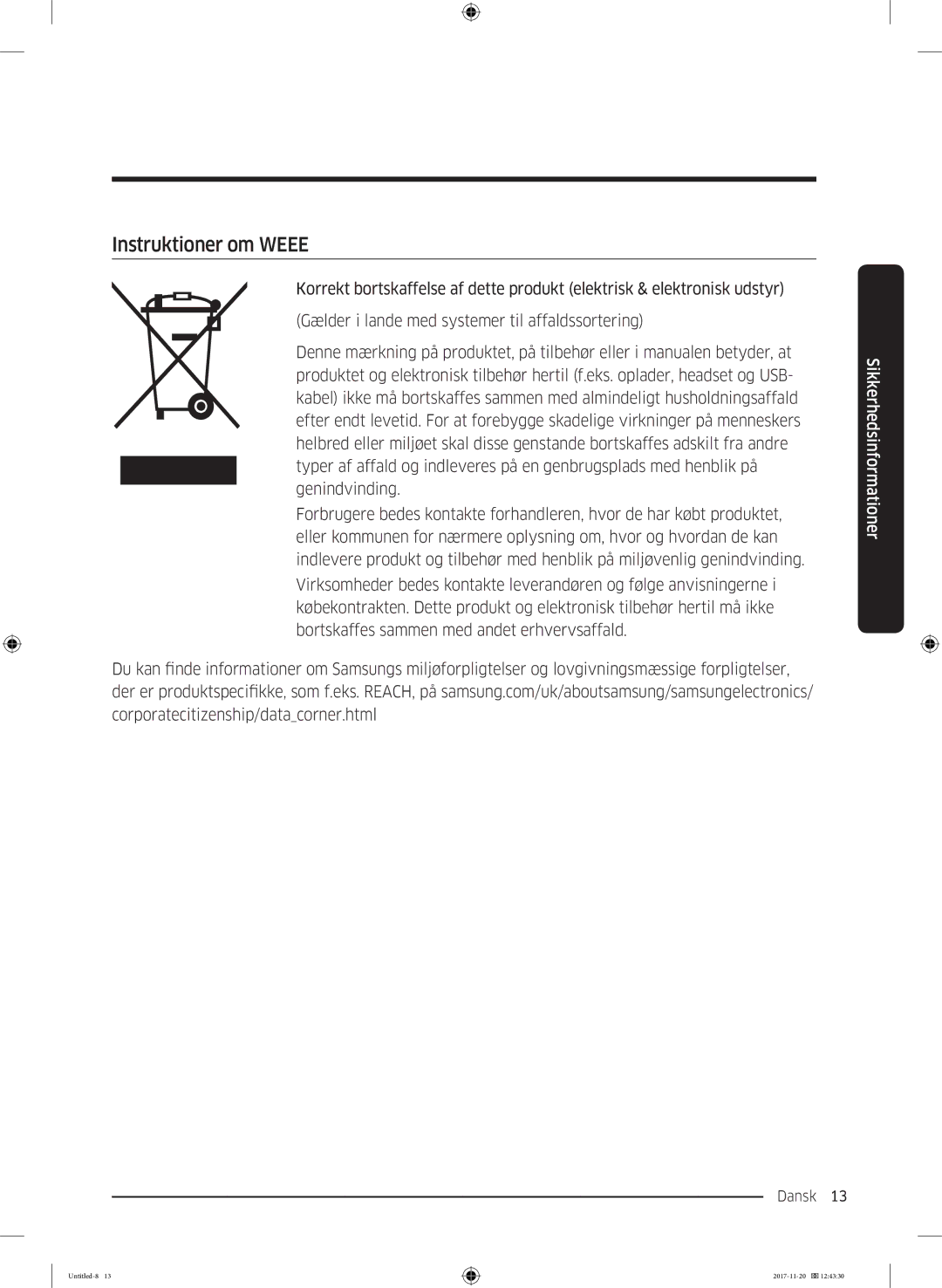 Samsung WW12K8402OW/EE manual Instruktioner om Weee 