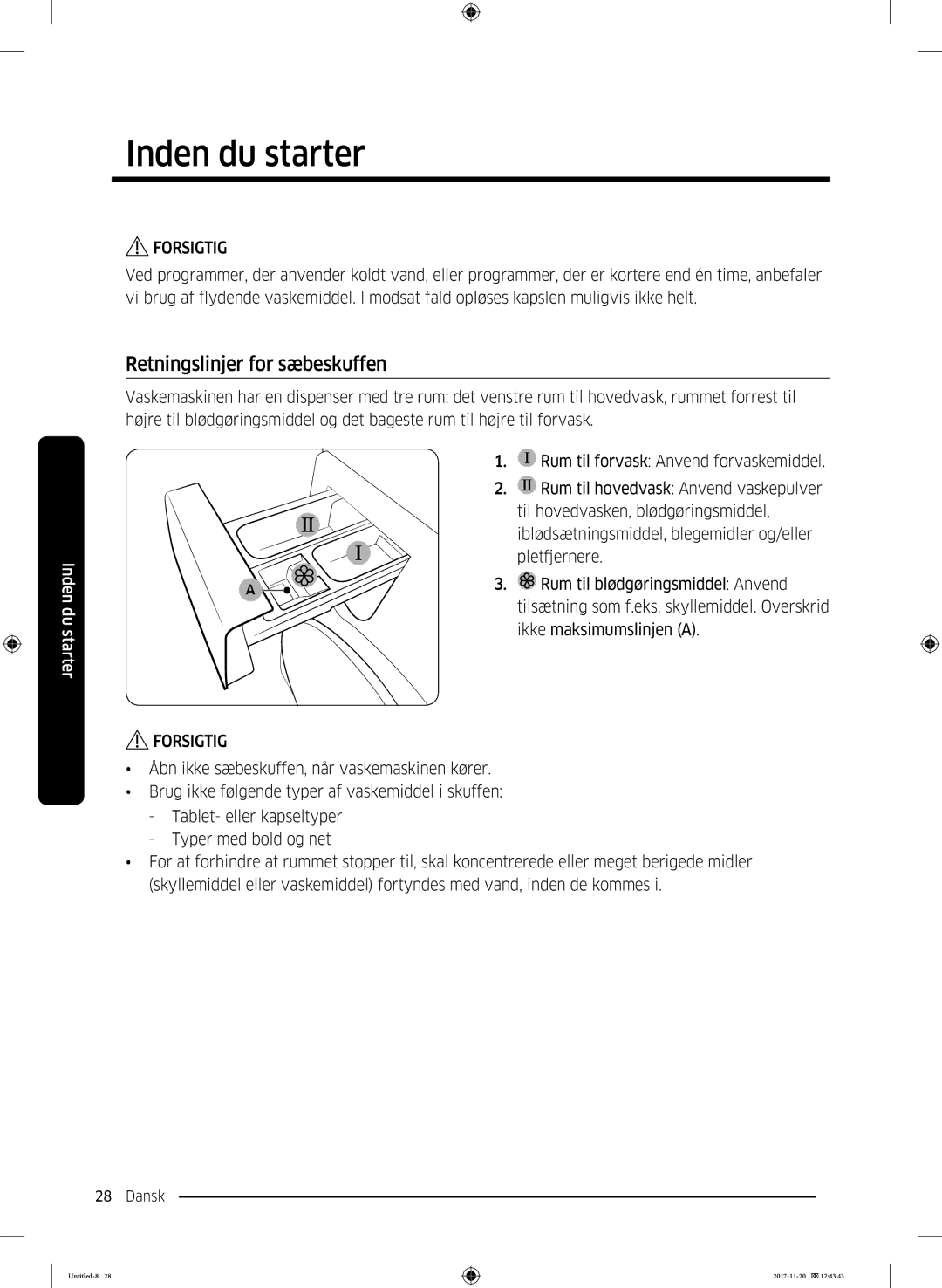 Samsung WW12K8402OW/EE manual Retningslinjer for sæbeskuffen 