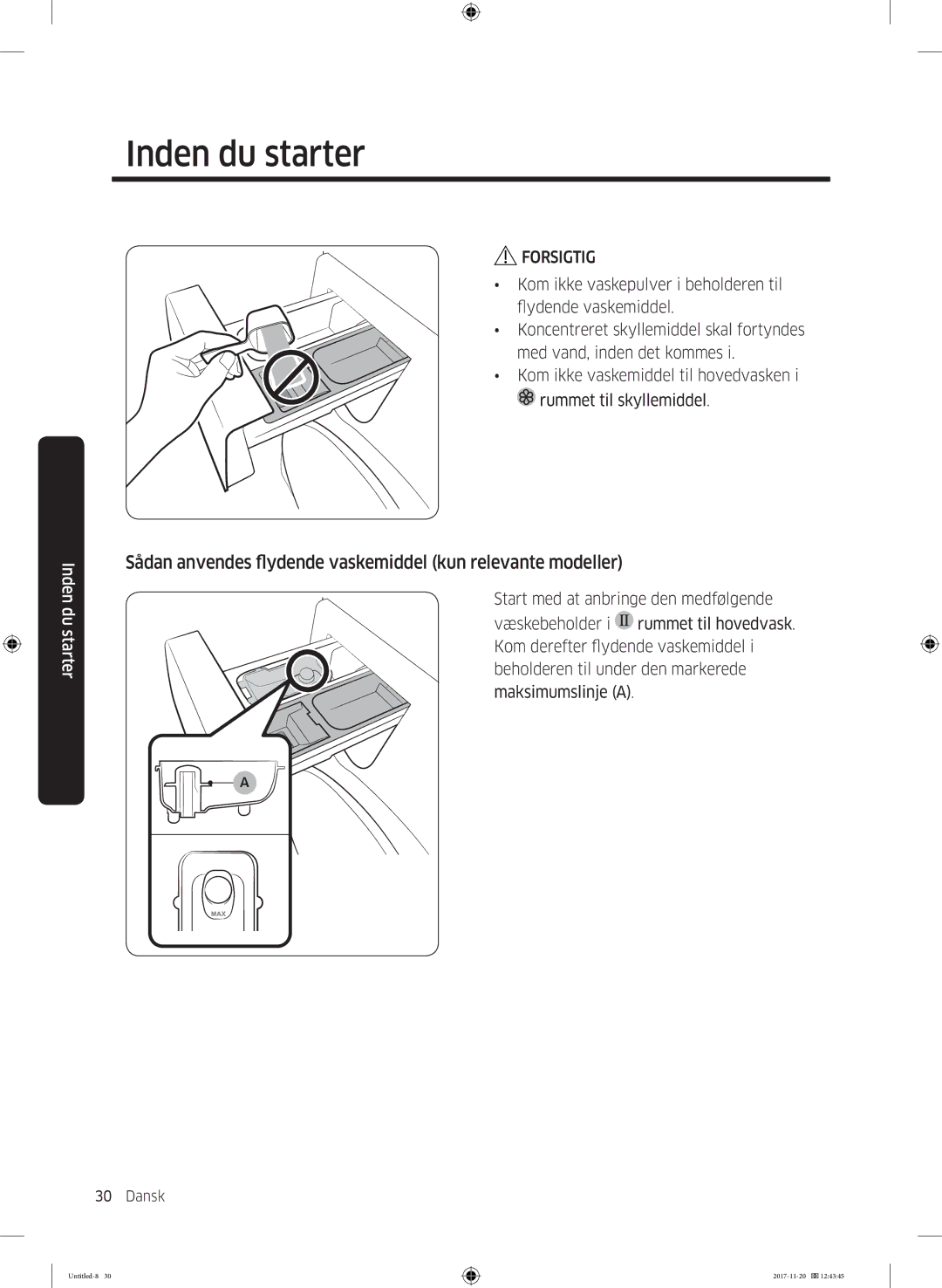 Samsung WW12K8402OW/EE manual Sådan anvendes flydende vaskemiddel kun relevante modeller 