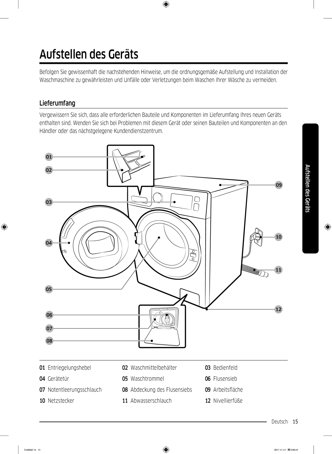 Samsung WW12K8402OW/EG manual Aufstellen des Geräts, Lieferumfang, Netzstecker Abwasserschlauch 