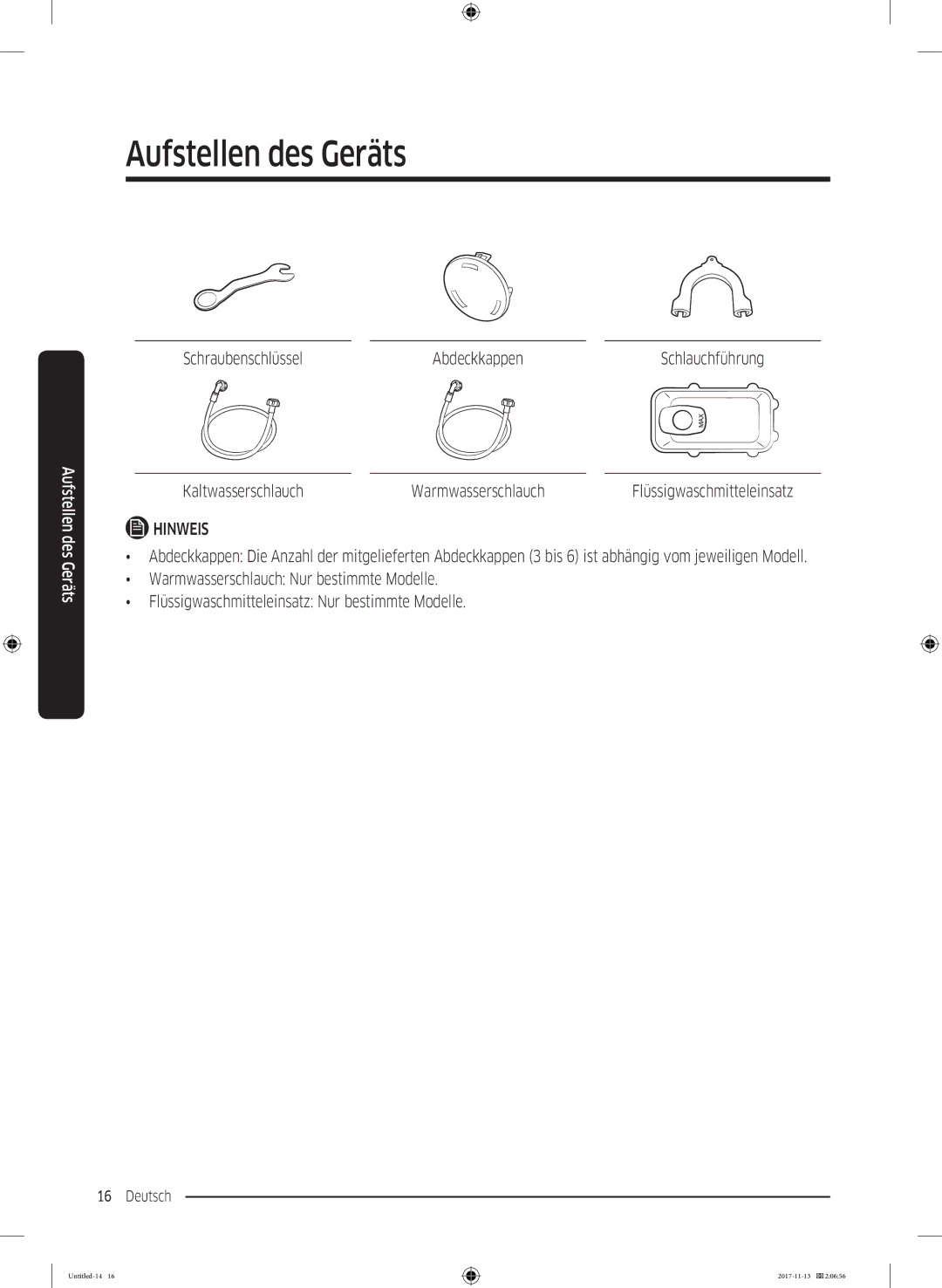 Samsung WW12K8402OW/EG manual Schraubenschlüssel Abdeckkappen, Kaltwasserschlauch Warmwasserschlauch 