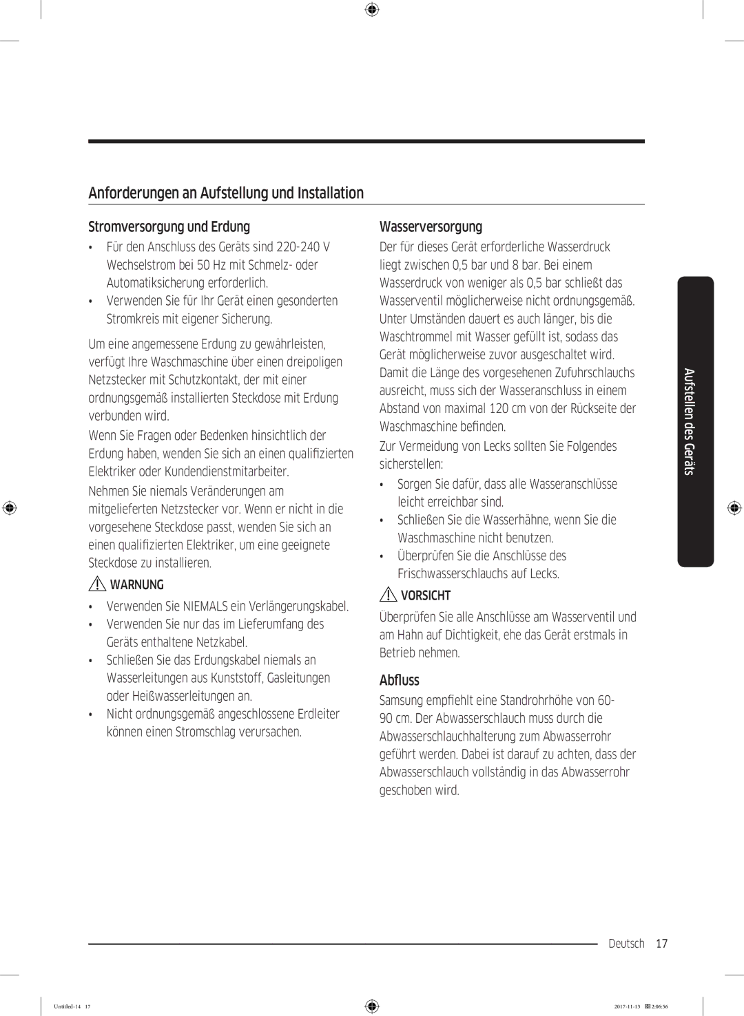 Samsung WW12K8402OW/EG manual Anforderungen an Aufstellung und Installation, Stromversorgung und Erdung, Wasserversorgung 