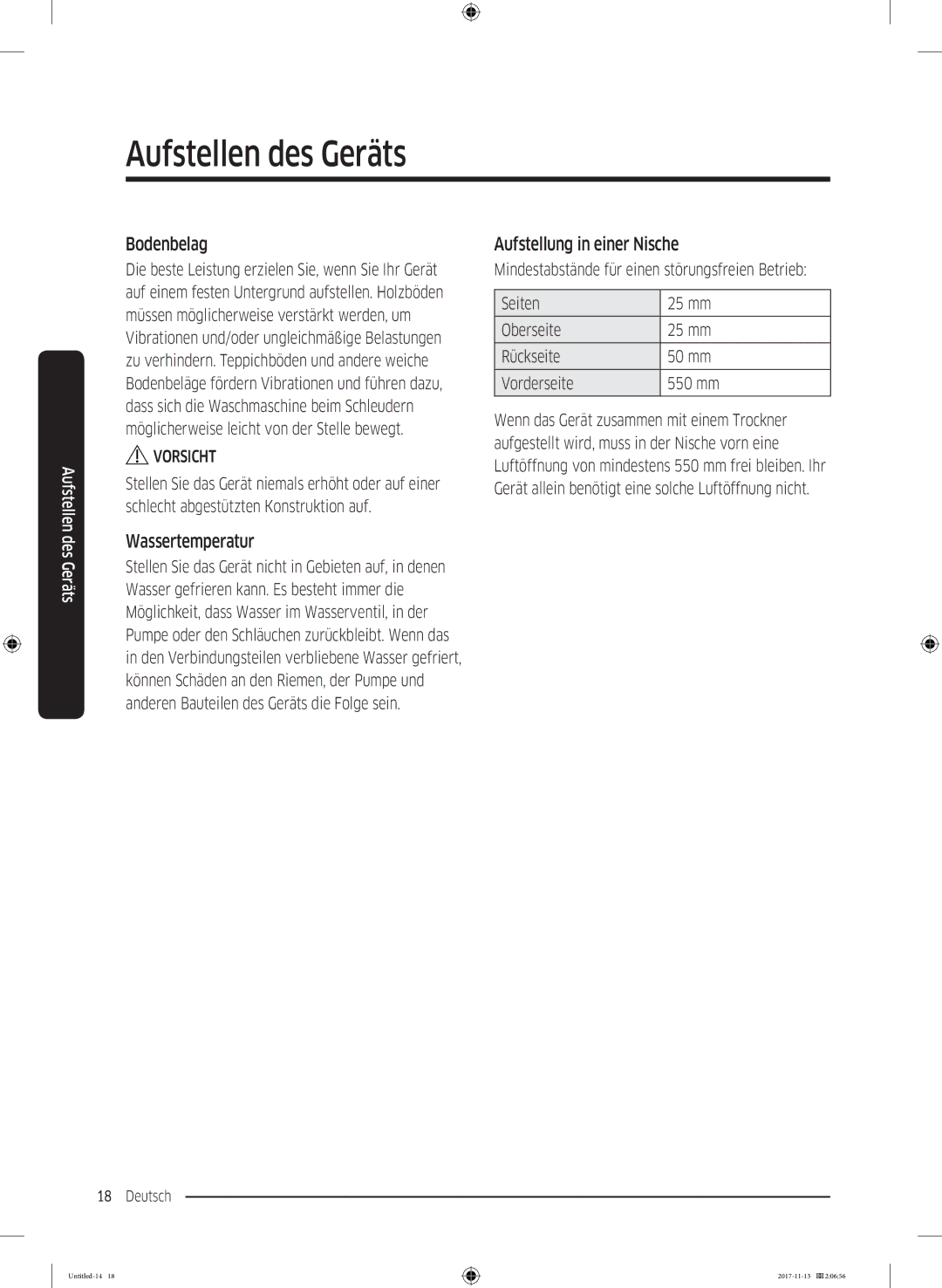 Samsung WW12K8402OW/EG manual Bodenbelag, Wassertemperatur, Aufstellung in einer Nische 