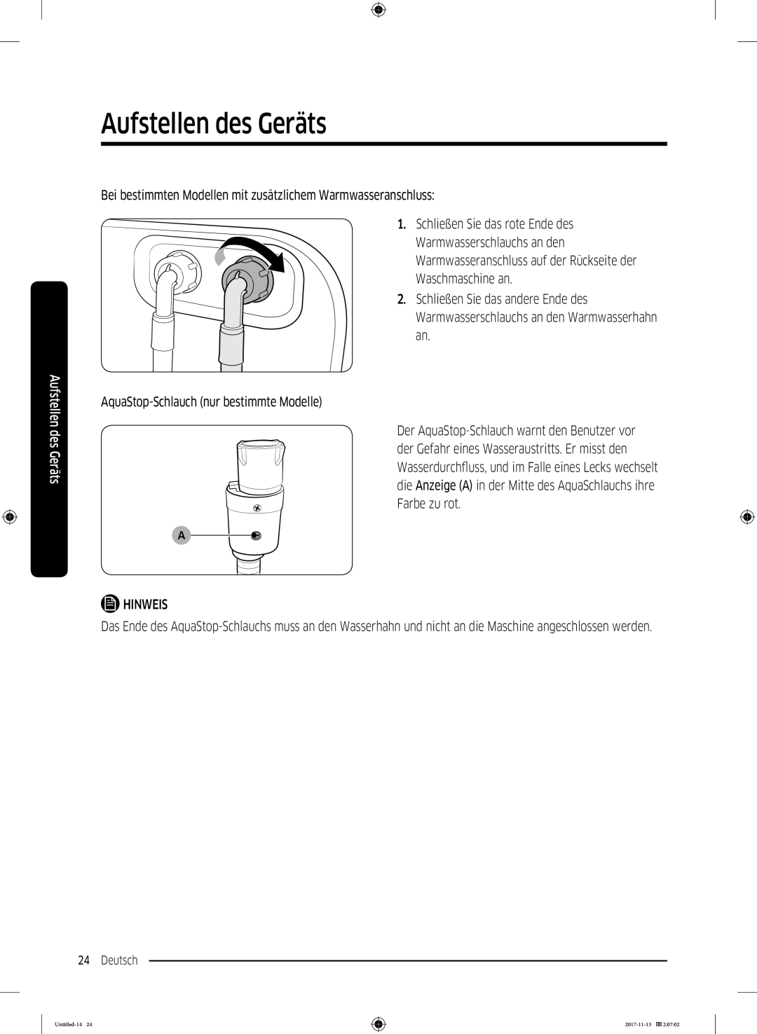 Samsung WW12K8402OW/EG manual Aufstellen des Geräts 