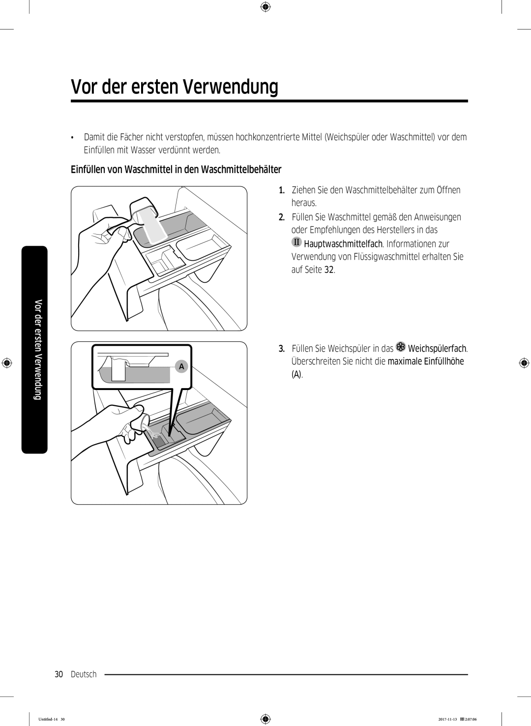 Samsung WW12K8402OW/EG manual Einfüllen von Waschmittel in den Waschmittelbehälter 