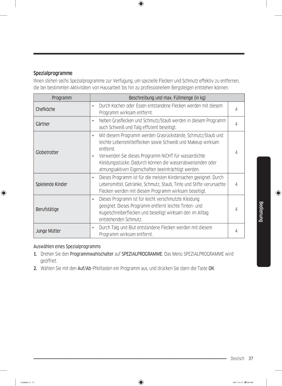 Samsung WW12K8402OW/EG manual Spezialprogramme 