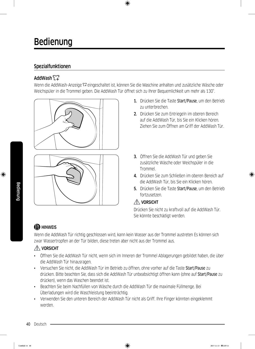 Samsung WW12K8402OW/EG manual Spezialfunktionen, AddWash 