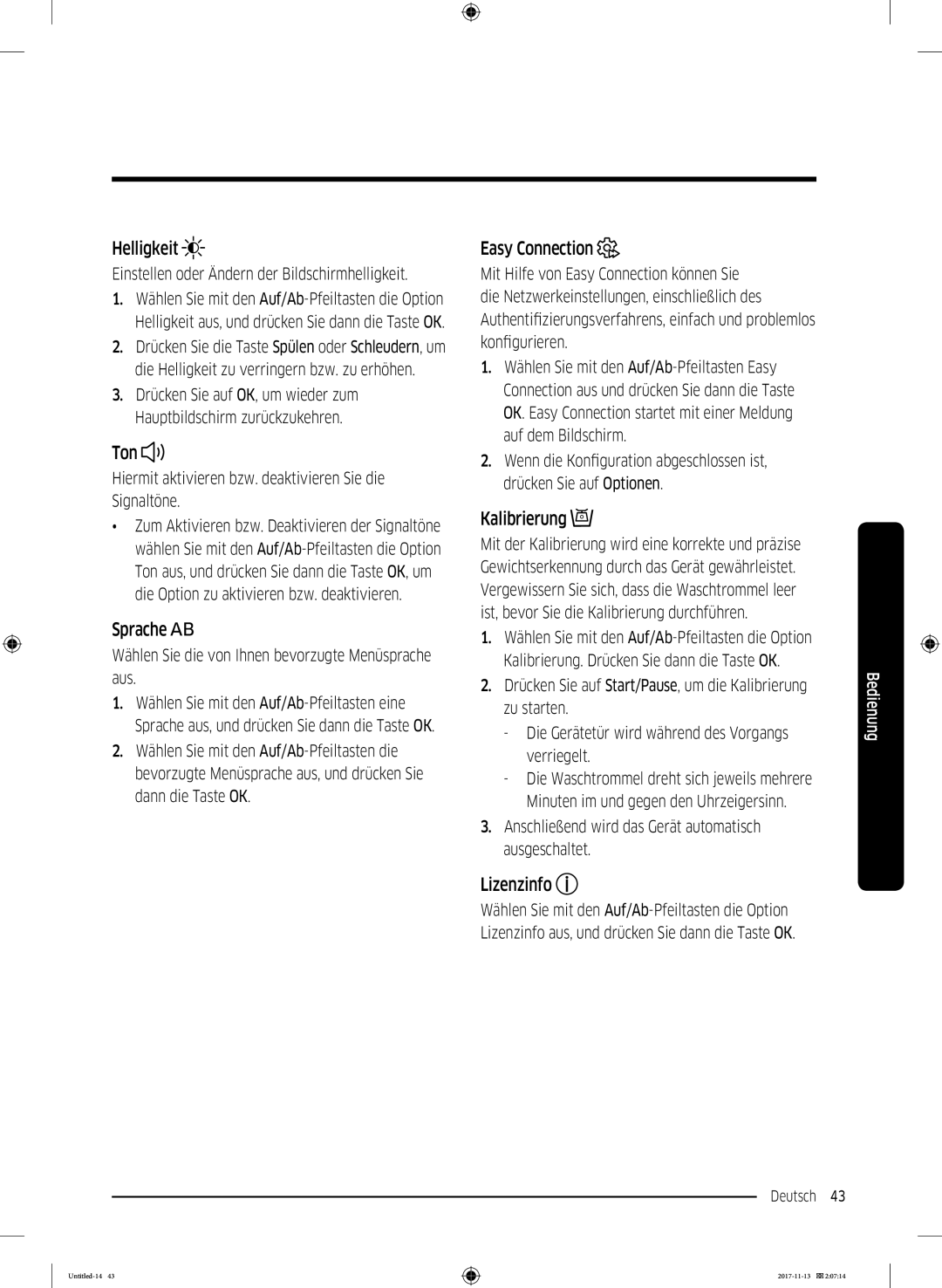 Samsung WW12K8402OW/EG manual Helligkeit, Ton, Sprache, Easy Connection, Kalibrierung, Lizenzinfo 