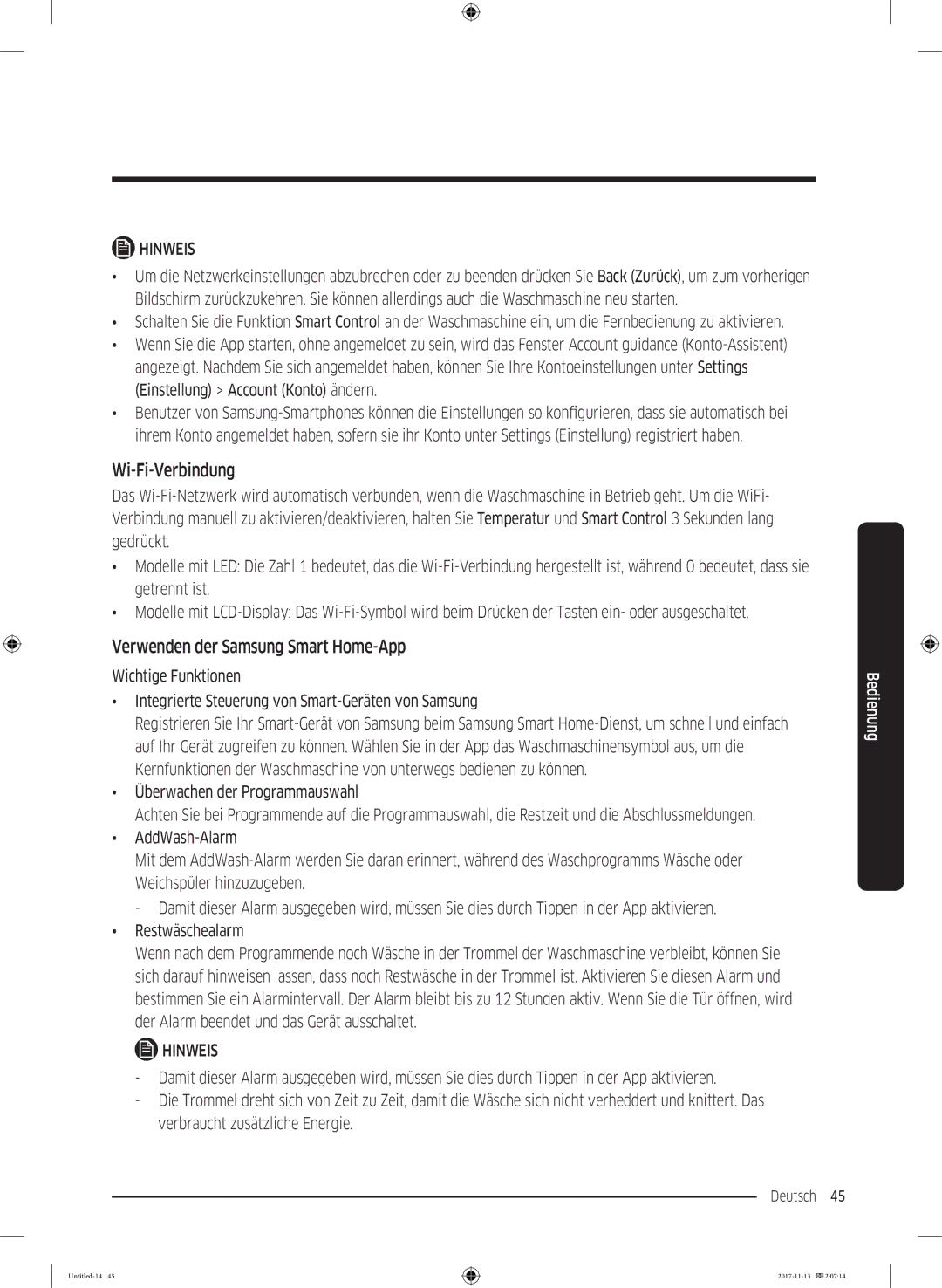 Samsung WW12K8402OW/EG manual Wi-Fi-Verbindung, Verwenden der Samsung Smart Home-App 