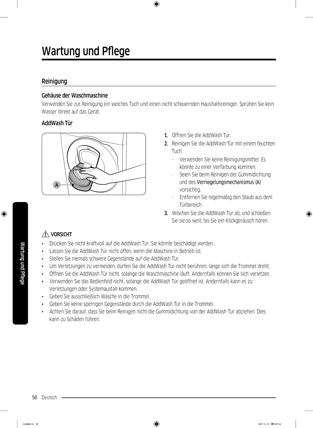 Samsung WW12K8402OW/EG manual Reinigung, Gehäuse der Waschmaschine, AddWash Tür 