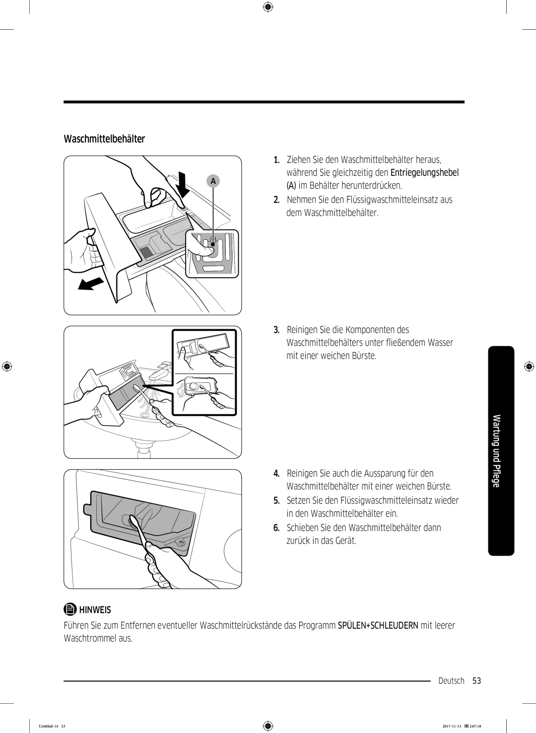 Samsung WW12K8402OW/EG manual Waschmittelbehälter, Im Behälter herunterdrücken 