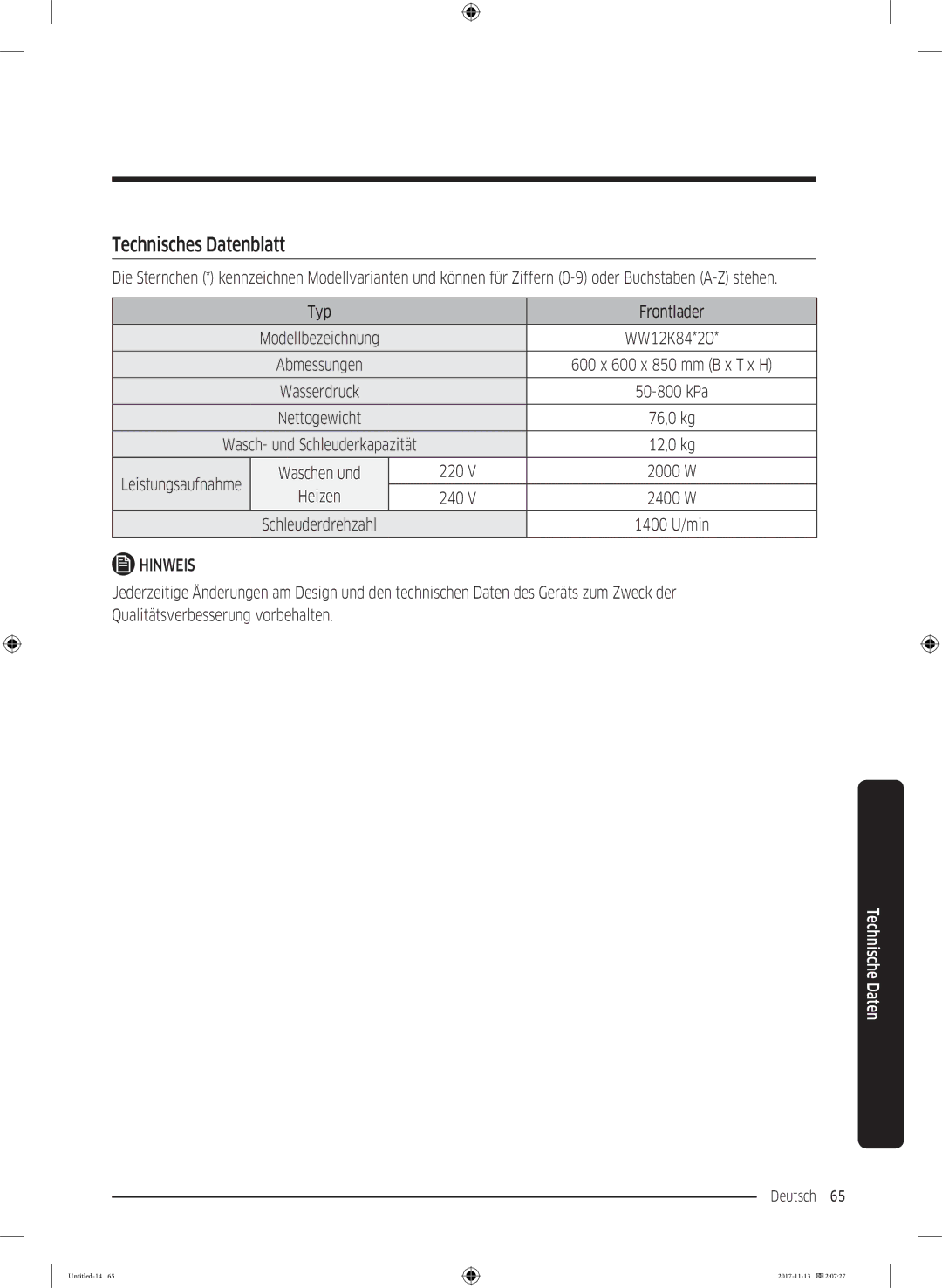 Samsung WW12K8402OW/EG manual Technisches Datenblatt, 220, Heizen 240 