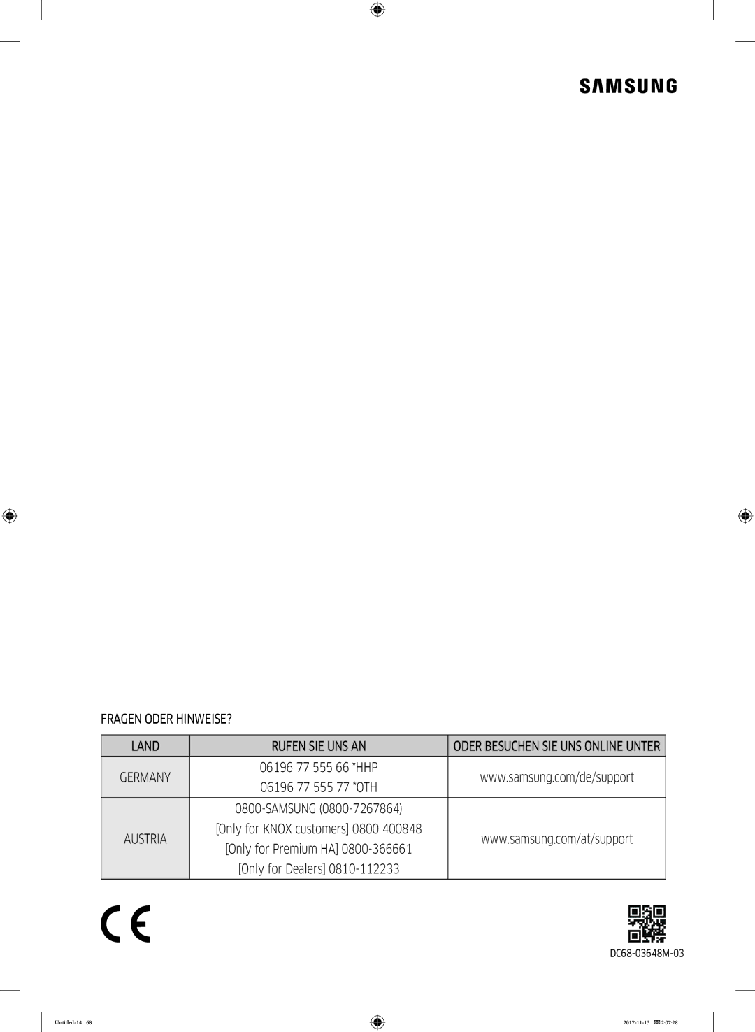 Samsung WW12K8402OW/EG manual 06196 77 555, Only for Knox customers 0800 