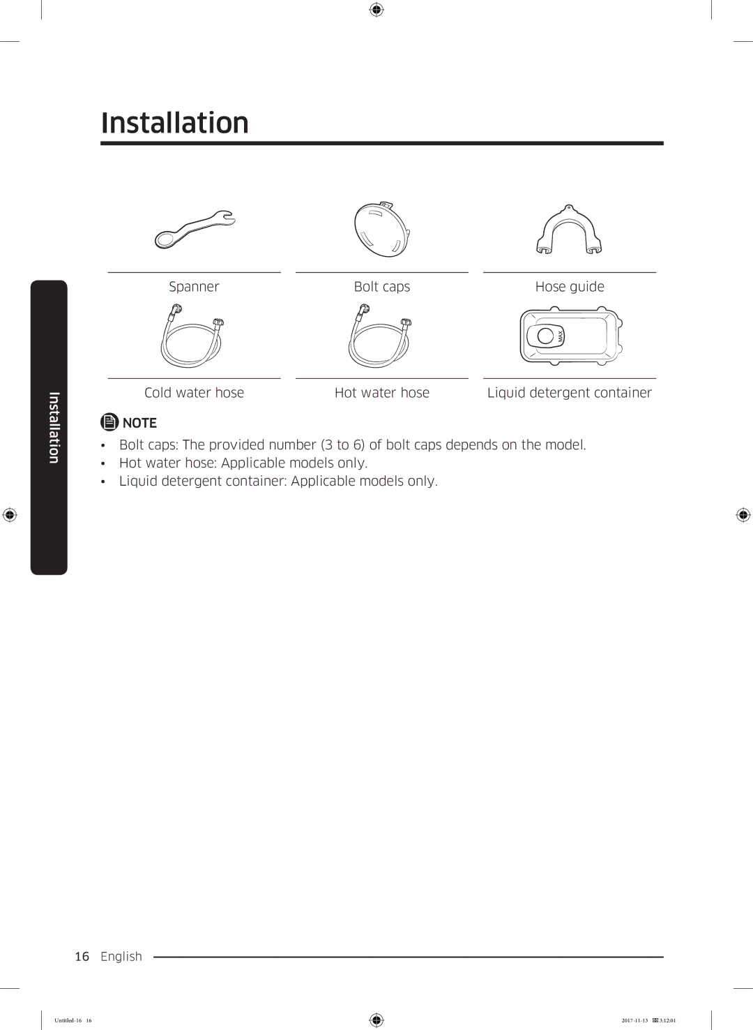 Samsung WW12K8402OW/ET manual Spanner Bolt caps Hose guide 