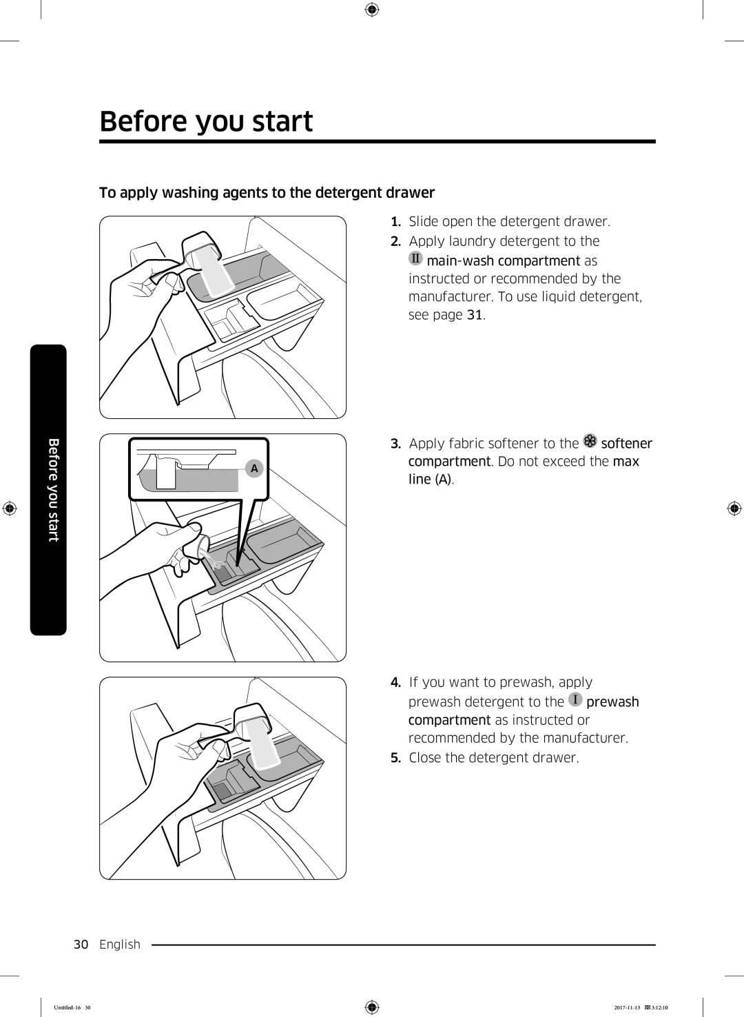 Samsung WW12K8402OW/ET manual To apply washing agents to the detergent drawer 