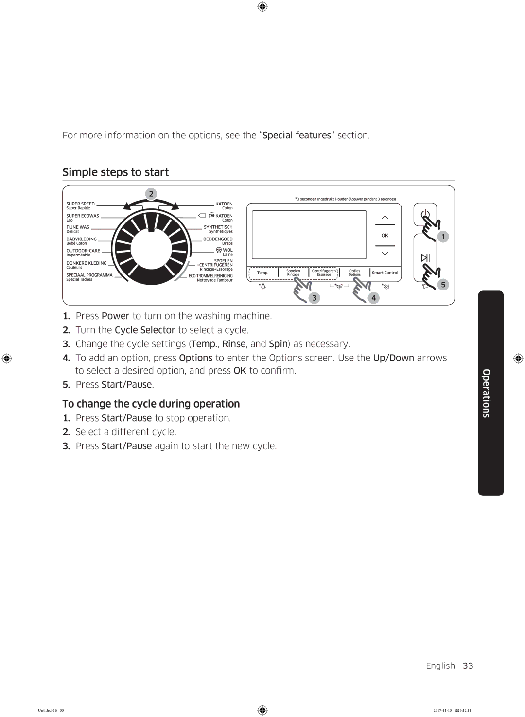 Samsung WW12K8402OW/ET manual Simple steps to start, To change the cycle during operation 