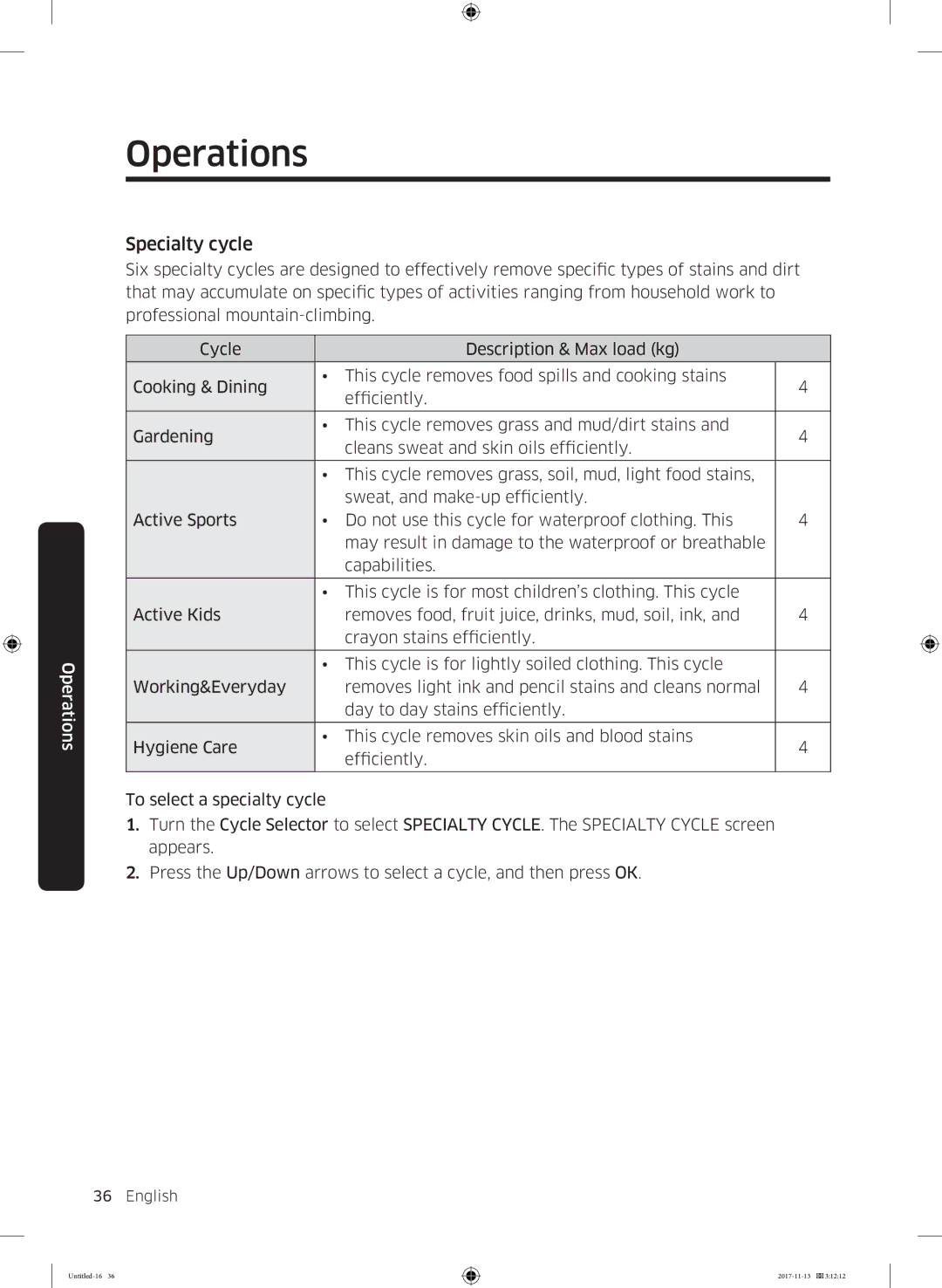 Samsung WW12K8402OW/ET manual Specialty cycle 