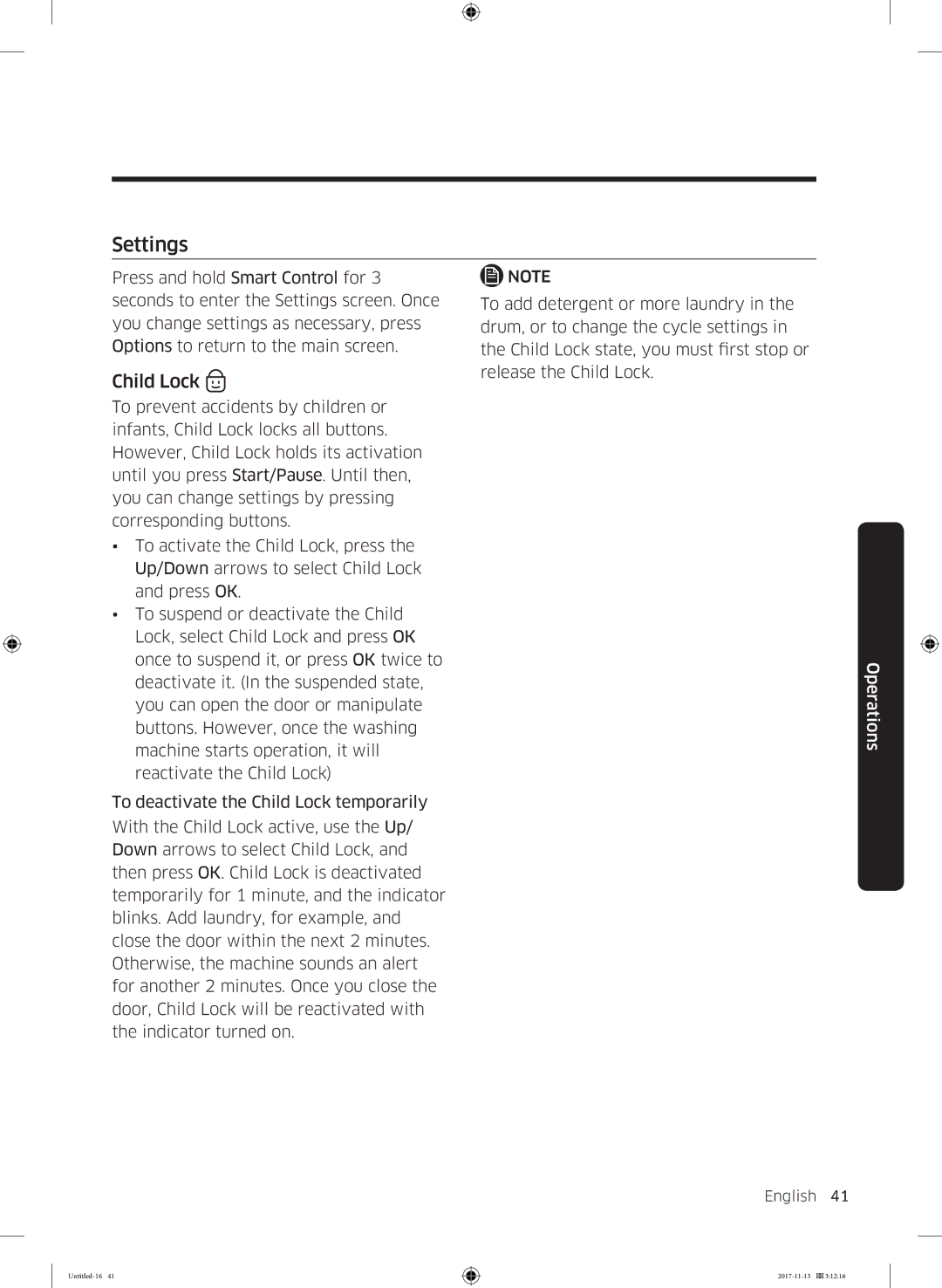 Samsung WW12K8402OW/ET manual Settings, Child Lock 