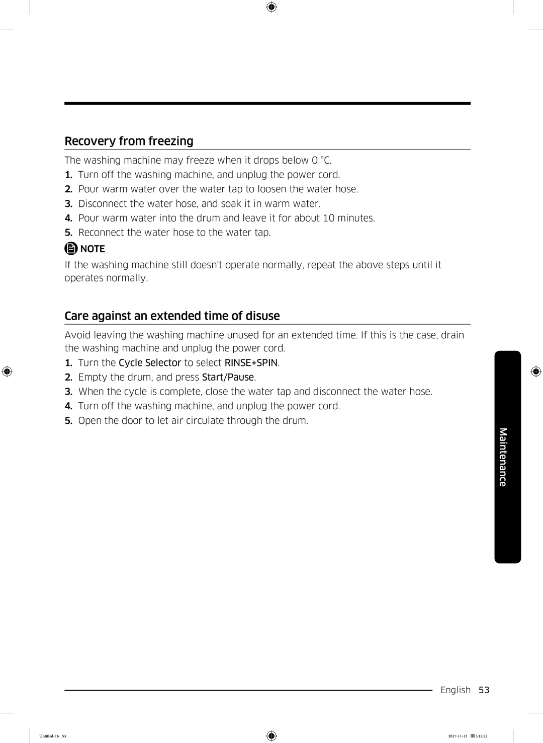 Samsung WW12K8402OW/ET manual Recovery from freezing, Care against an extended time of disuse 