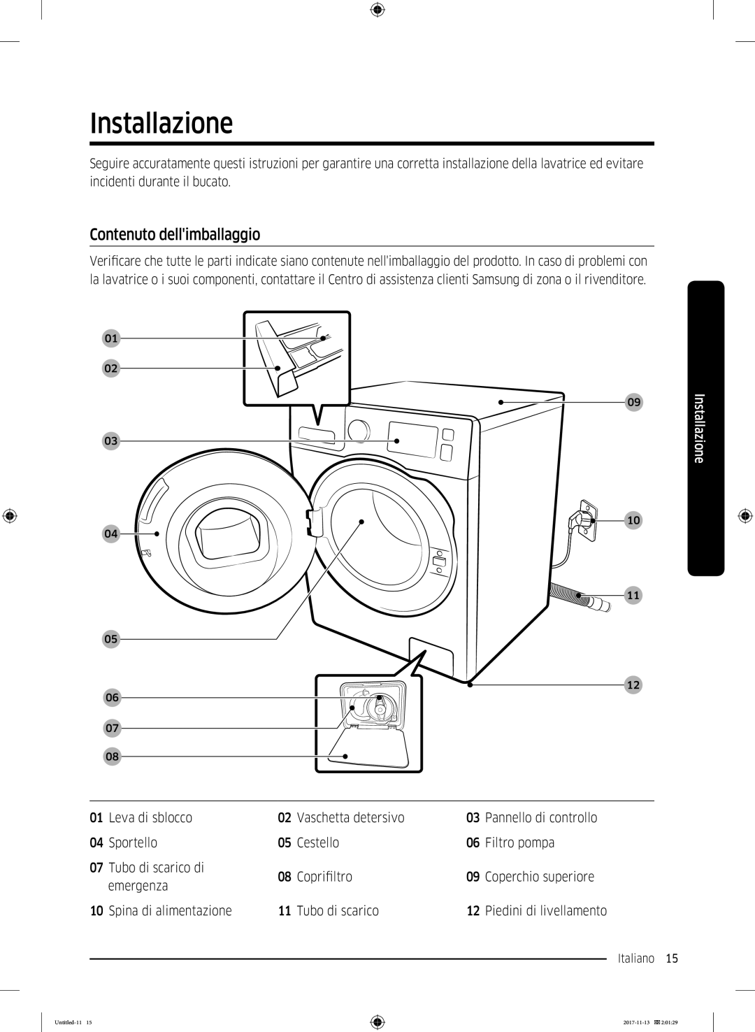 Samsung WW12K8402OW/ET manual Installazione, Contenuto dellimballaggio 