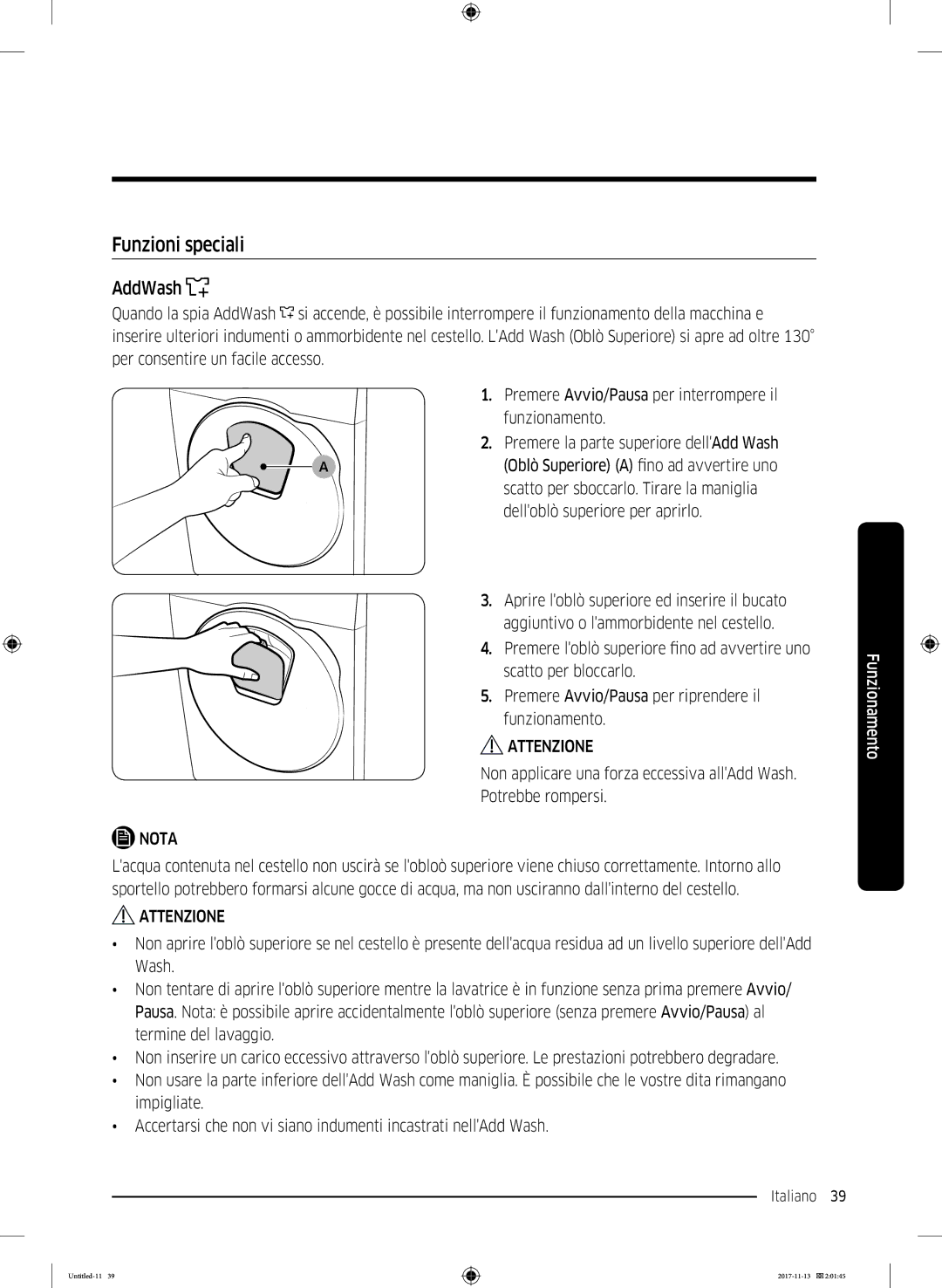 Samsung WW12K8402OW/ET manual Funzioni speciali, AddWash 