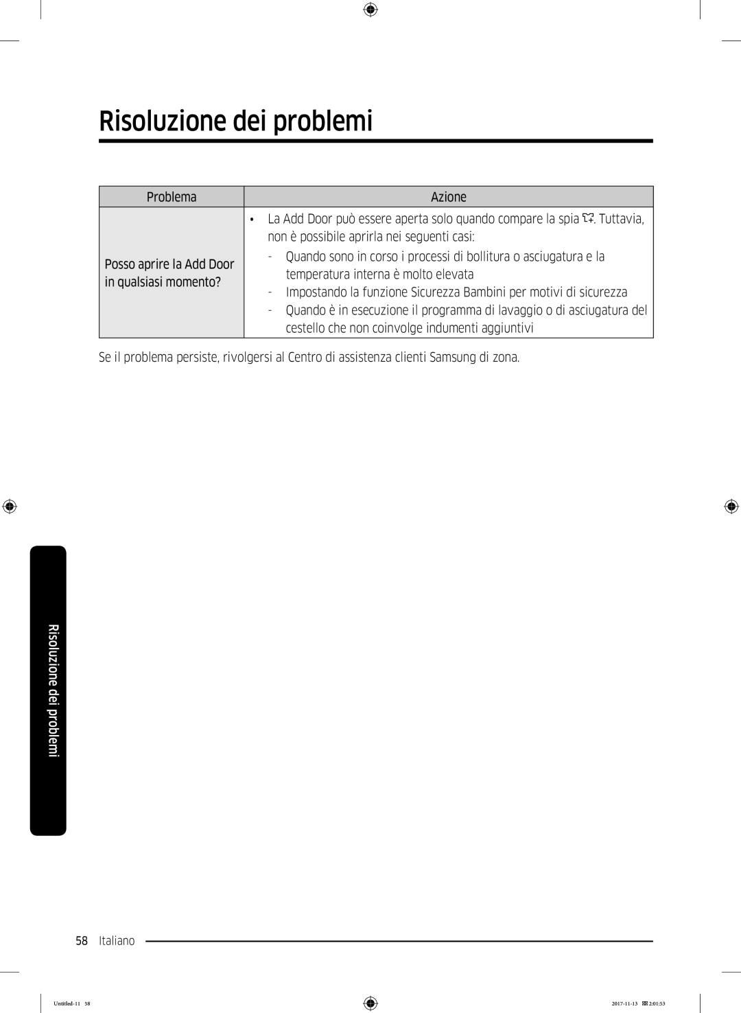 Samsung WW12K8402OW/ET manual Problema Azione, Non è possibile aprirla nei seguenti casi 