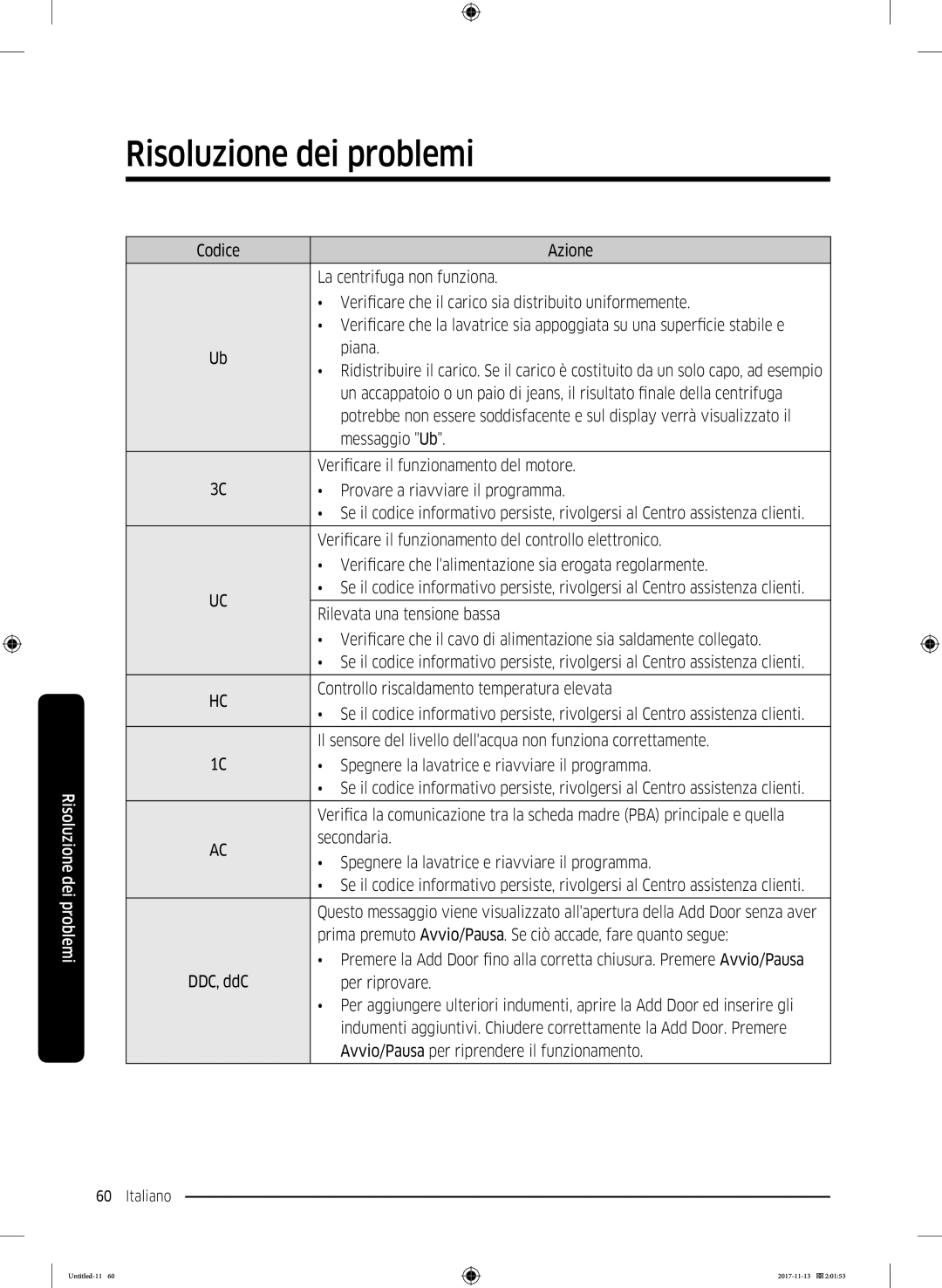 Samsung WW12K8402OW/ET manual La centrifuga non funziona, Uniformemente, Appoggiata su una superficie stabile e, Piana 